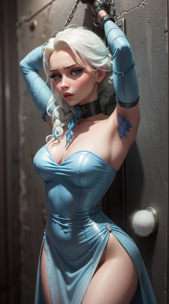 Elsa Frozen wear blue dress, tied up and restraint in prison, BDSM, bondage, ropes all over her body