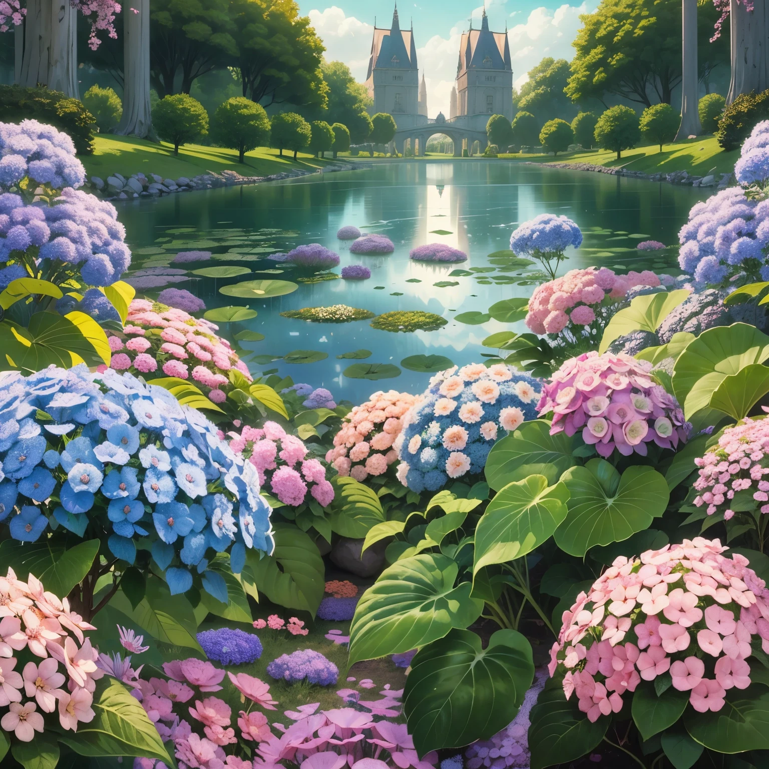 Hydrangeas, park, lake, small hill, pebble path, wallpaper, Art Deco, high detail, Cubist Futurism, Surrealism, modern, Gothic art, atmospheric perspective, panorama, perspective, diffraction spikes, masterpiece, best quality, anatomically correct, high details, 8K