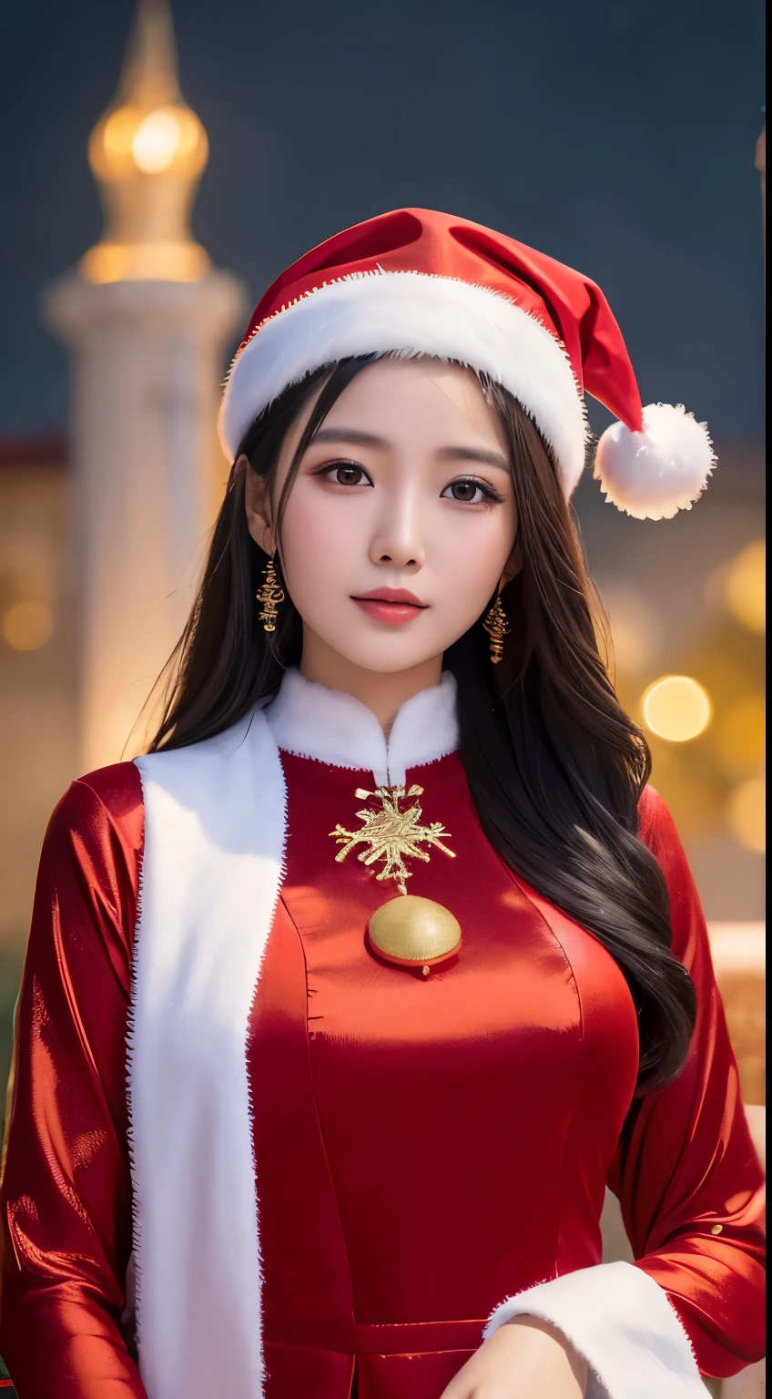(Beautiful Vietnamese Woman),(Red Ao Dai),(Santa Claus hat),Christmas tree,Christmas atmosphere black hair, Surrealism, 8k, super detail, UHD, masterpiece, ccurate, textured skin, super detail, high details, high quality, best quality