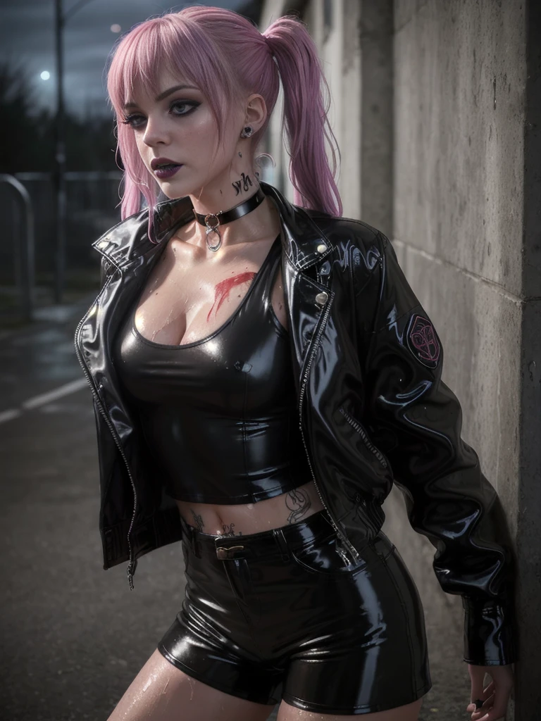 рыжая Girl from Europe (Evil and gloomy)), hairsh (tail, Длинная короткая блестящая latex jacket Bangtra, leather shorts, Latex jacket very short, Choker, black tank top, wet clothing, SFW, A lot of blood, a lot of tattoos on the body,There is one girl in the frame, Dark and gloomy atmosphere, Realistic light, sporty figure, Sweat runs down the body, Medium-sized breasts of a seductive punk-gothic girl, latex jacket, latex shorts, Choker, wet thin tank top, розовые и белые hairsh, Long bangs, pigtails, black lips, pouty lips, Medium GRD, Athletic body, athletic toned butt, Girl from Europe, lots of tattoos, Not a model, Street , Dark atmosphere, The skin is shiny with sweat, Gloomy room, twilight,  takes off his panties, hairsh на лобке, opens his chest, protruding 