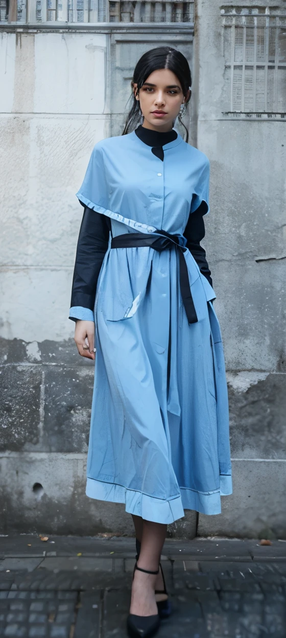 "(best quality, realistic), Girl with black hair, full blue dress