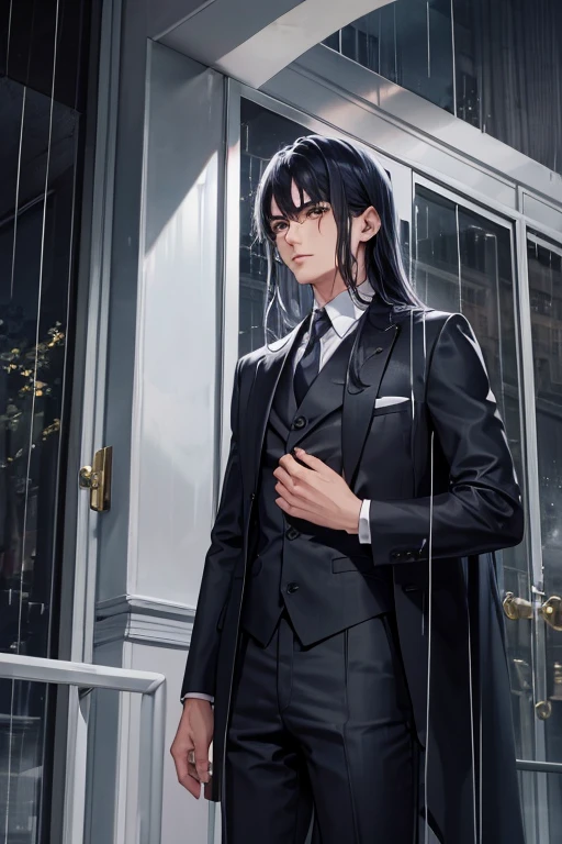 A man with long navy hair and silver eyes in a silver suit is standing in the rain
