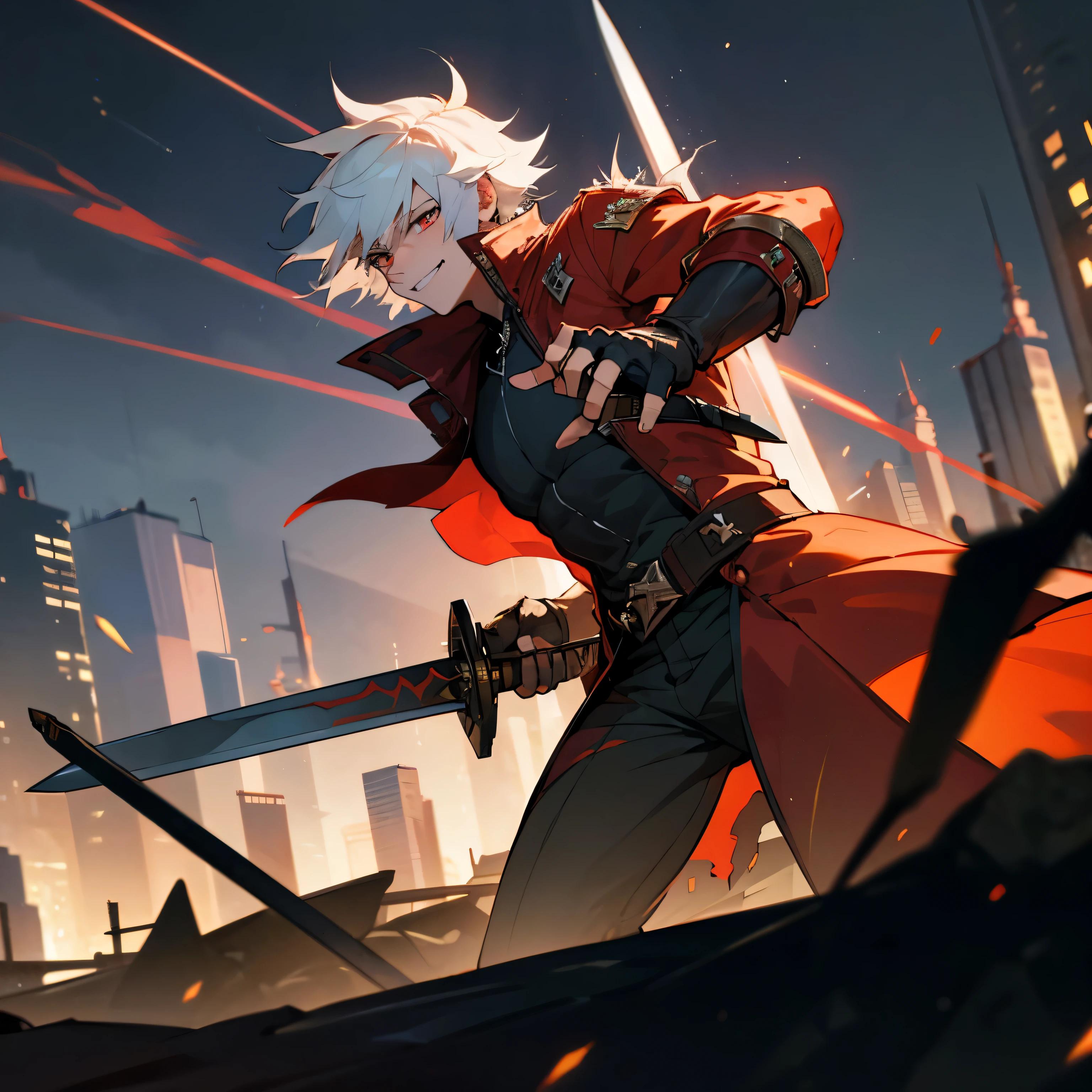 masterpiece, best quality, 1boy, dante, white hair, open clothes, coat, fingerless gloves, belt, city, detailed eyes, destroyed buildings, destruction, (night:1.4), smiling, natural light,war, angry eyes, looking ahead, male focus, muscles, movie composition, deth of field, bokeh (demons on the background:1.2) , (sword:1.2), fighting pose, explosions, upper,