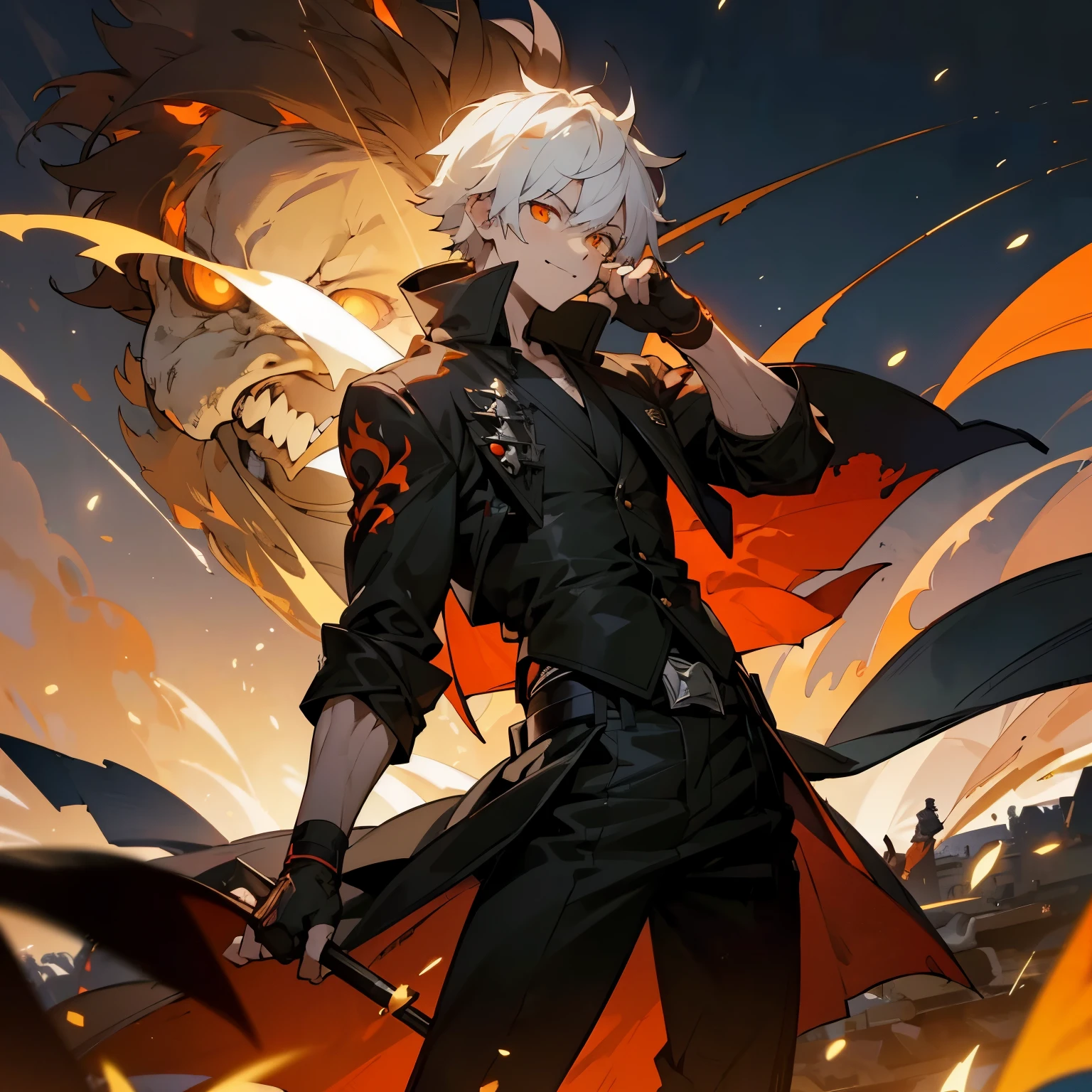 masterpiece, best quality, 1boy, white hair, open clothes, coat, fingerless gloves, belt, detailed eyes, orange eyes, destruction, (night:1.4), smiling, natural light, fire , angry eyes, looking ahead, male focus, muscles, movie composition, deth of field, bokeh (demons on the background:1.2) , fighting pose, explosions, upper,