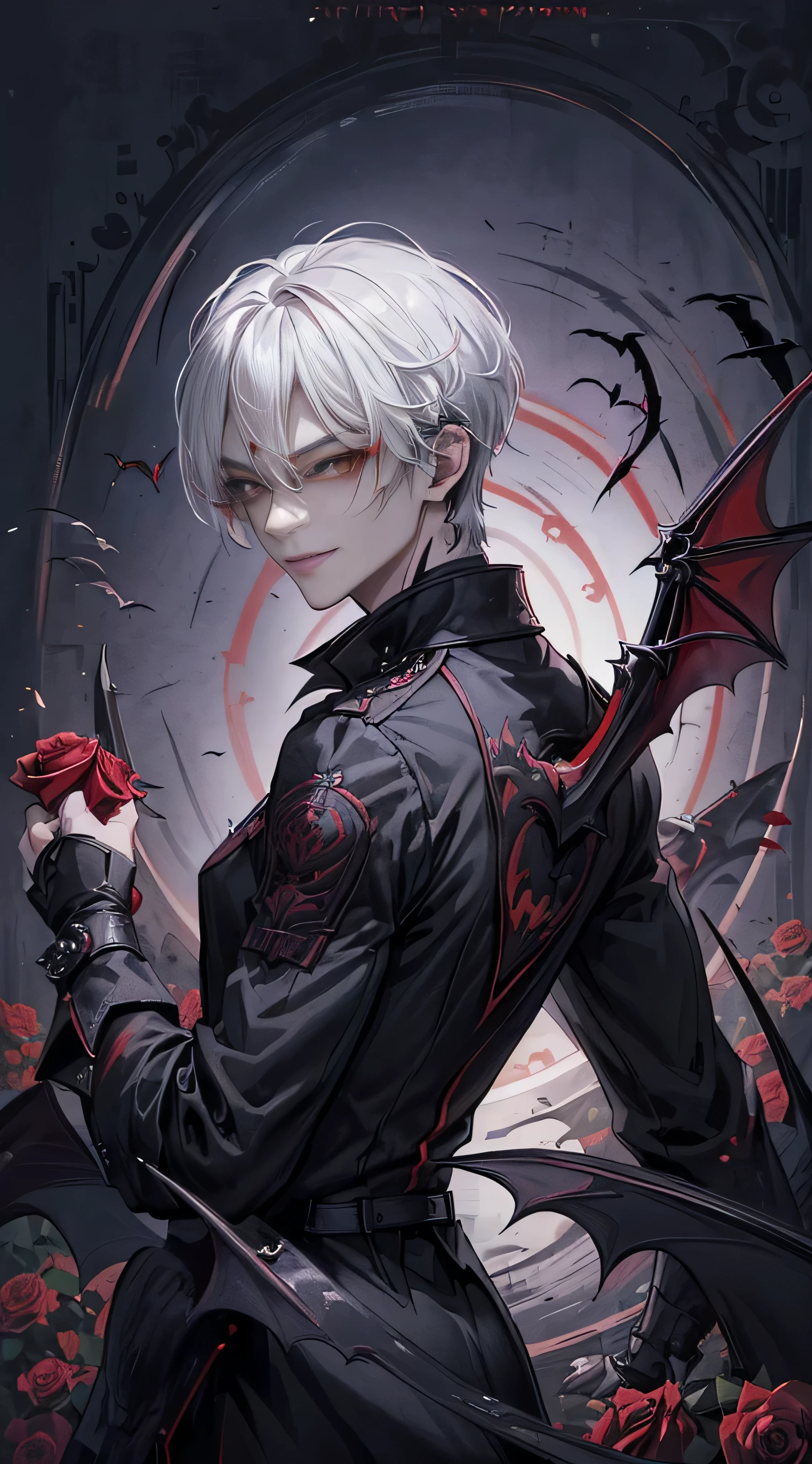 ((4K works))、masterpiece、(top-quality)、((high-level image quality))、((One beautiful vampire man))、Slim body、((Vampire Black Y-Shirt Fashion))、(Detailed beautiful eyes)、((Red roses and crows on fantastic black background))、Inside the Evil Castle、((Face similar to Chaewon in Ruseraphim))、((short-haired))、(((white hair)))、((Smaller face))、((Neutral face))、((Red Eyes))、((Korean Male))、((18year old))、((wild boy))、((Show your teeth and smile))、((Korean makeup with black eyeshadow))、((elongated and sharp eyes))、(((Shot alone)))、((Vampires))、Vampire Photos、Villain、Dark Proof、((Shot diagonally from the side))、Vampire Pose、King of Fallen Angels