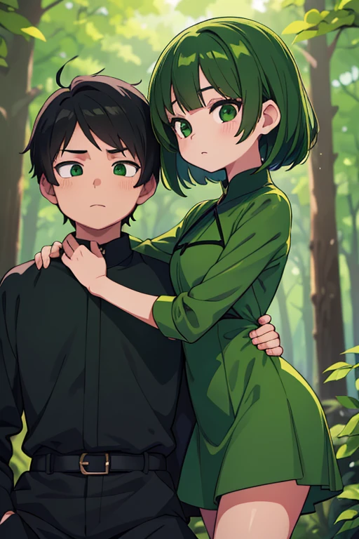 two anime characters, a boy and a girl, wearing green dresses, in a forest, wearing dark green capes, girl with golden hair, boy with black hair, cute, adorable, (best quality, 4k, high res, realistic:1.37), ultra-detailed, professional, vivid colors, bokeh, anime style, green color palette, natural lighting