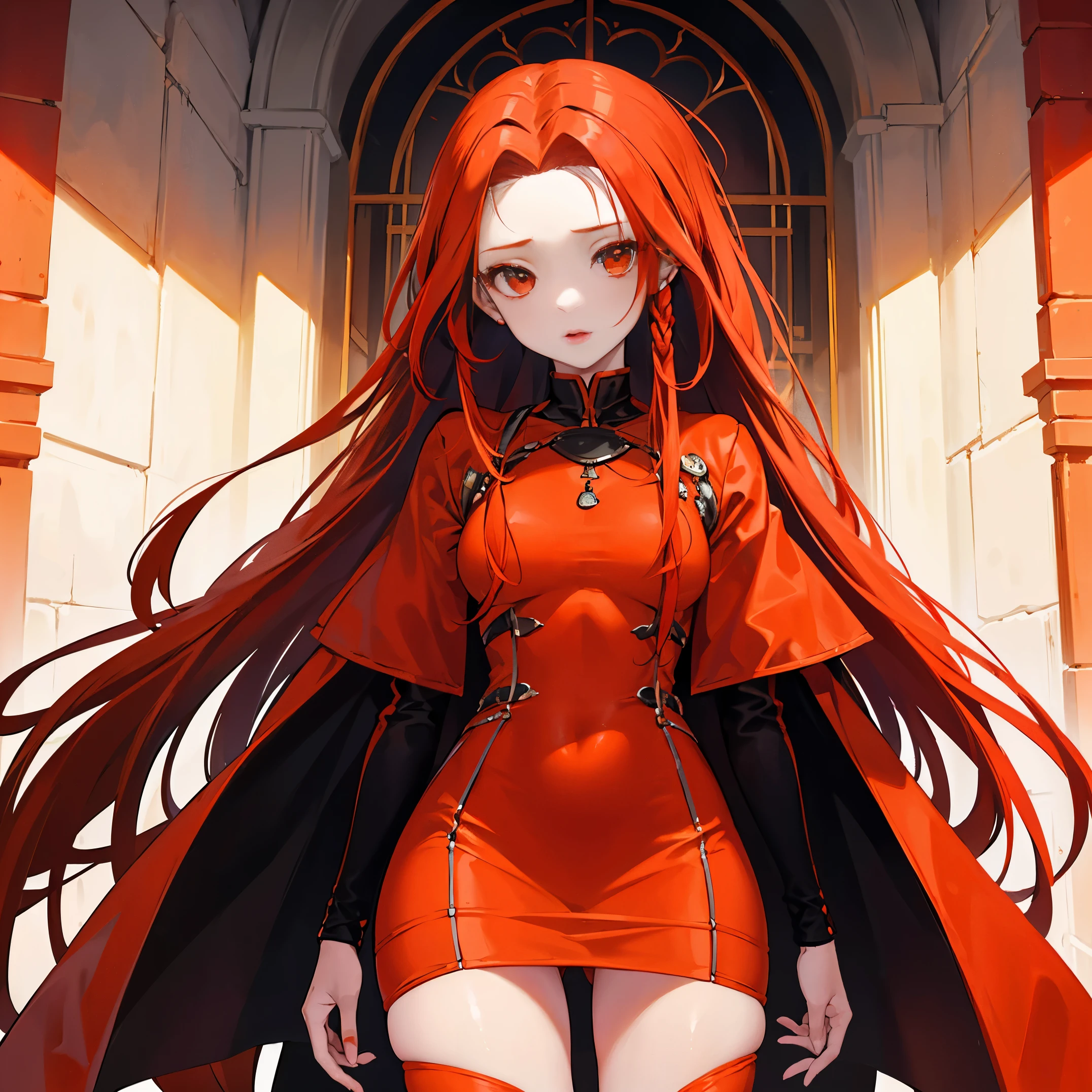 Girl, adulta pale skinned,  vestido red justo, red lips, vestido curto,  pernas nuas, coxas nuas, orange hair, seios grandes, misteriosa, linda, dreads, dreads oranje no cabelo