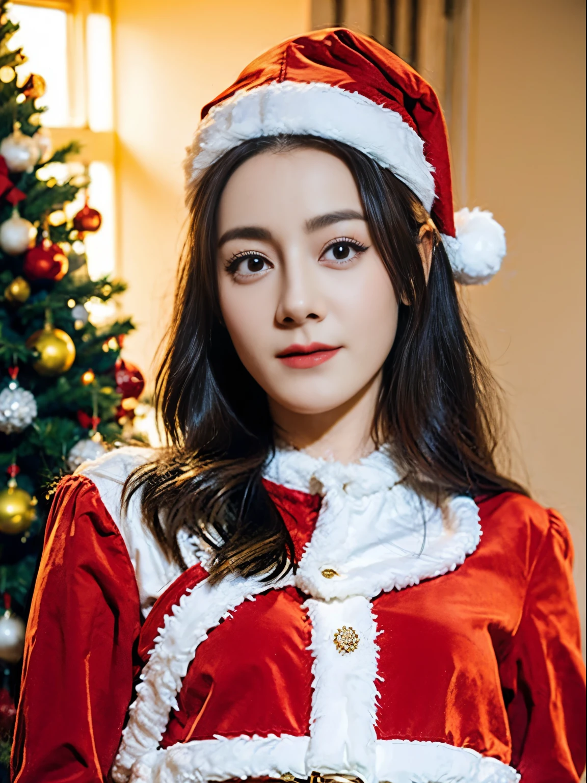 ((Beautuful Women))，(Red Santa Claus costume：1.5)，Christmas tree，Black hair，Photorealsitic，surrealism, F/1.2, 35 mm, Fuji Film, 8K, Super Detail, nffsw, masutepiece, ccurate, Anatomically correct, Textured skin, Super Detail, high details, High quality, Best Quality, hight resolution