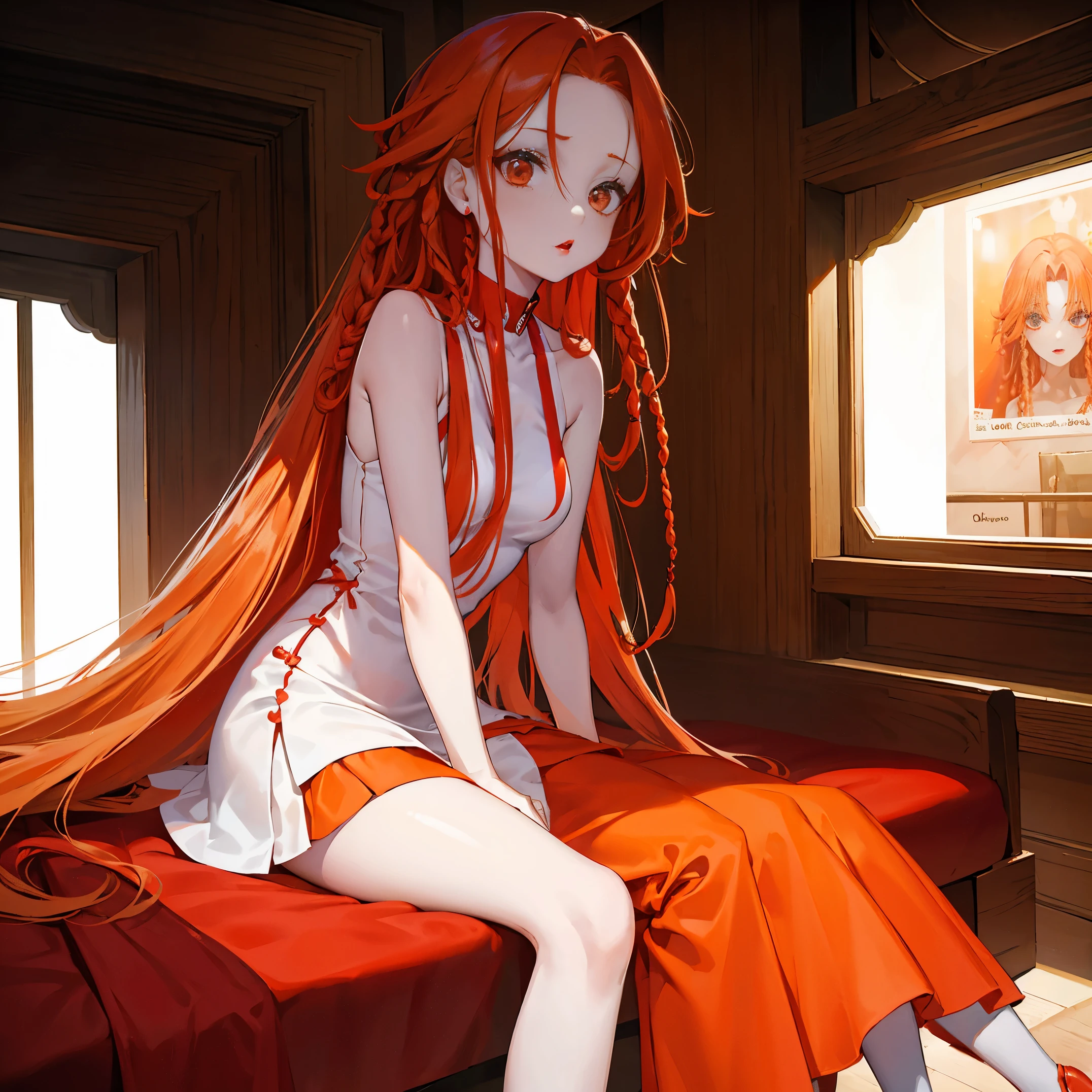 Girl, adulta pale skinned, vestido red justo, red lips, vestido curto, pernas nuas, coxas nuas, orange hair, seios grandes, misteriosa, linda, dreads, dreads oranje no cabelo