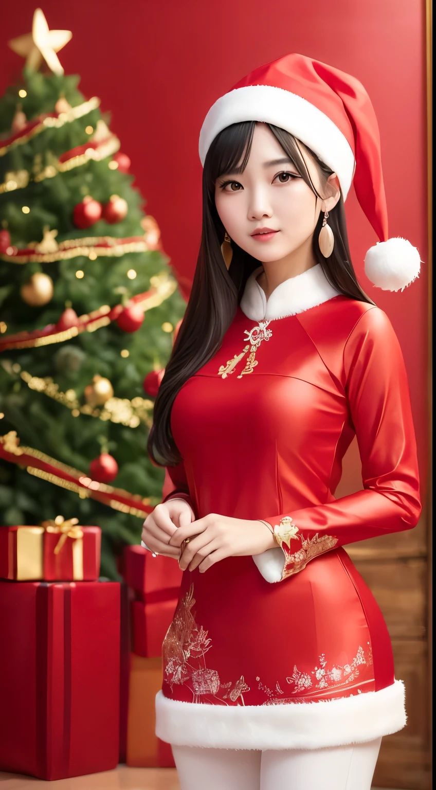 (Beautiful Vietnamese Woman)，(Red Ao Dai)，(Santa Claus hat)，Christmas tree，Christmas atmosphere black hair, Surrealism, 8k, super detail, UHD, masterpiece, ccurate, textured skin, super detail, high details, high quality, best quality