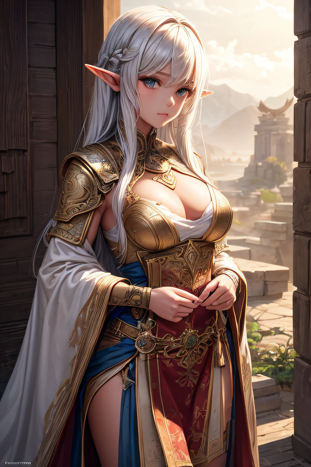 young girl, ancient elf warrior, long pointy ears, dark skin, white hair, short pointy haircut, ancient elf armor and accesories, wielding a sword, highly detailed, vibrant appearance, creative behavior, extremly detailed, imaginative, sensual, spontaneous, highest quality, skin texture, intricate details, (cinematic lighting), RAW photo, 8k, masterpiece,best quality,ultra-detailed,very detailed illustrations,extremely detailed,intricate details,highres,super complex details,extremely detailed 8k cg wallpaper,