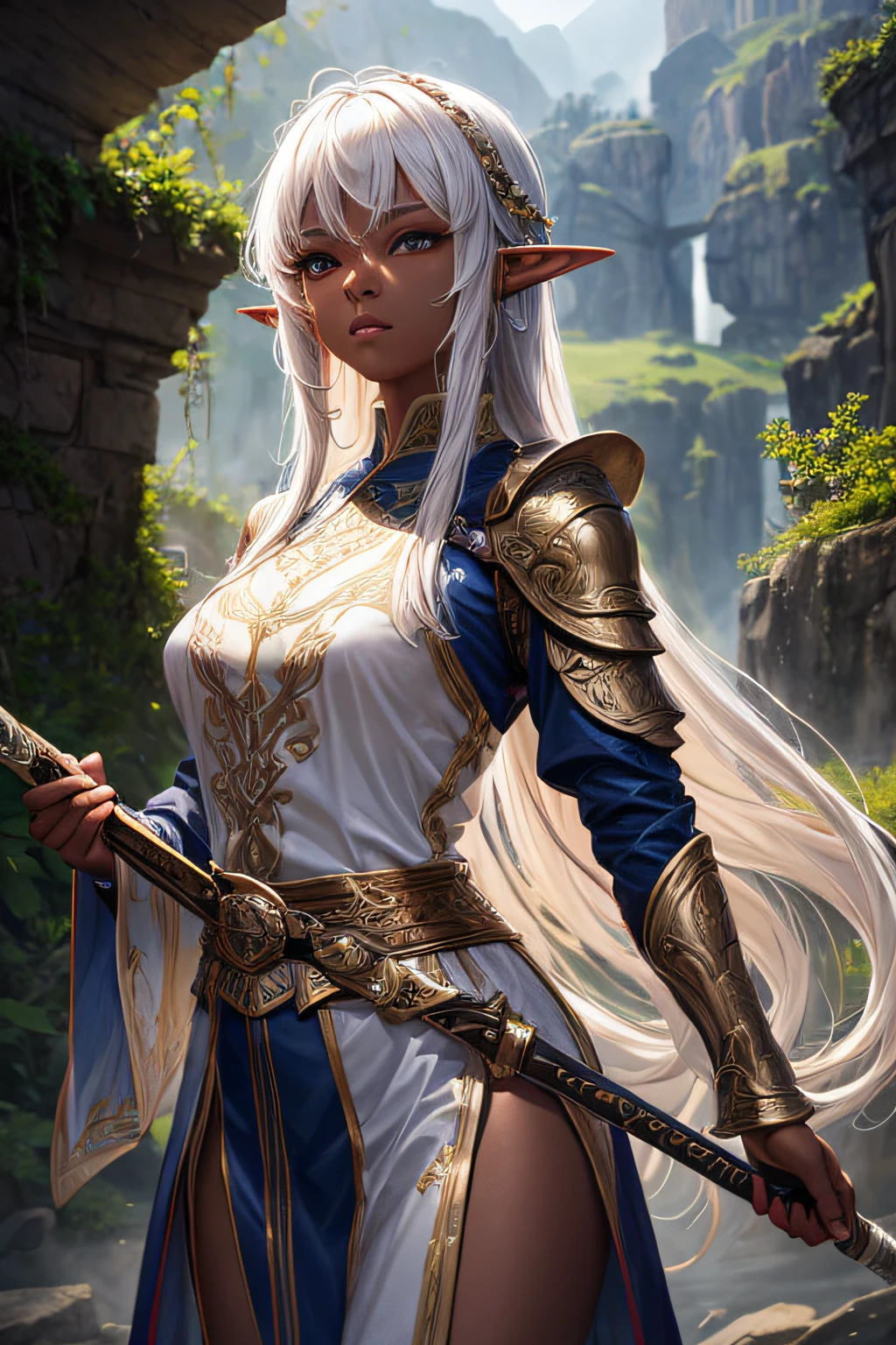 young teen girl, ancient elf warrior, long pointy ears, dark skin, white hair, short pointy haircut, ancient elf armor and accesories, wielding a sword, highly detailed, vibrant appearance, creative behavior, extremly detailed, imaginative, sensual, spontaneous, highest quality, skin texture, intricate details, (cinematic lighting), RAW photo, 8k, masterpiece,best quality,ultra-detailed,very detailed illustrations,extremely detailed,intricate details,highres,super complex details,extremely detailed 8k cg wallpaper,