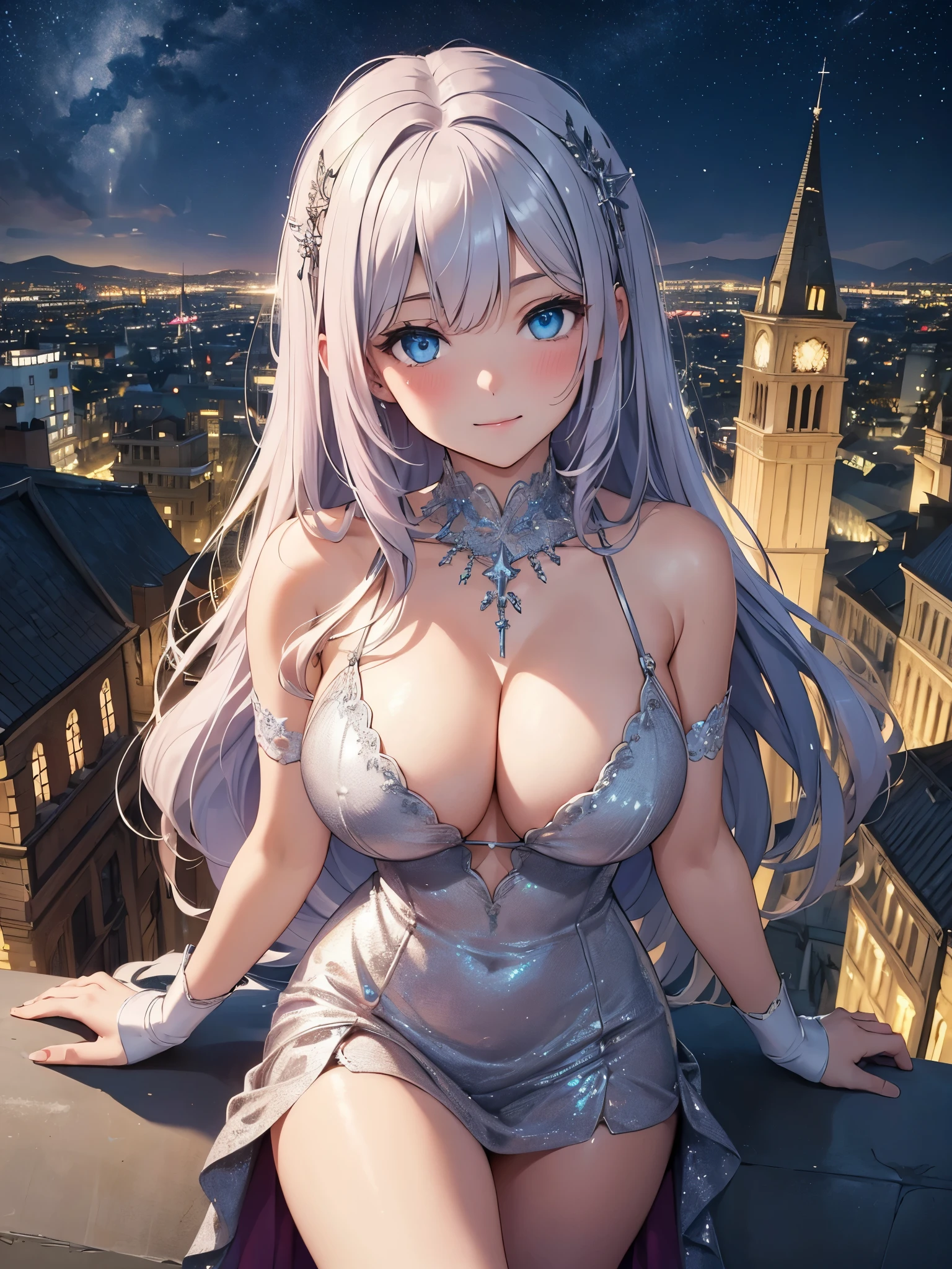 ((masterpiece)), ((best quality)), (ultra-detailed), ((cinematic light)), ((extremely detailed)), 8k, 1girl, 20 years old, long pink hair, parted bangs, blue eyes, (blush), kind smile, ((huge breasts)), curvy, cleavage, (short elegant silver dress), silver elbow gloves, necklace,  upper body, (bare shoulders), (from above:1.3), standing on a tower, cityscape in the background with church, (starry night)