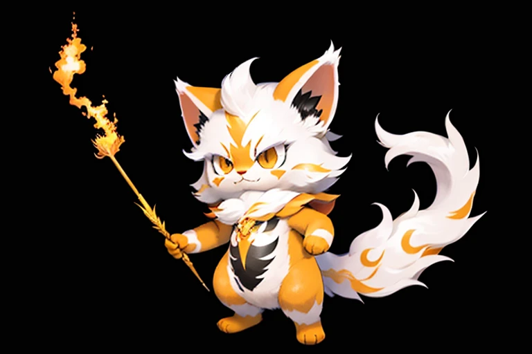 A very fluffy white cat with orangs ears and stripped orange tail. He has sparks of lightning coming off his tail. drawn like and electric type Pokémon. He is very fluffy. he is white. his ears are orange. his tail is orange with stripes. The background is a forest path. in the style of Pokémon.