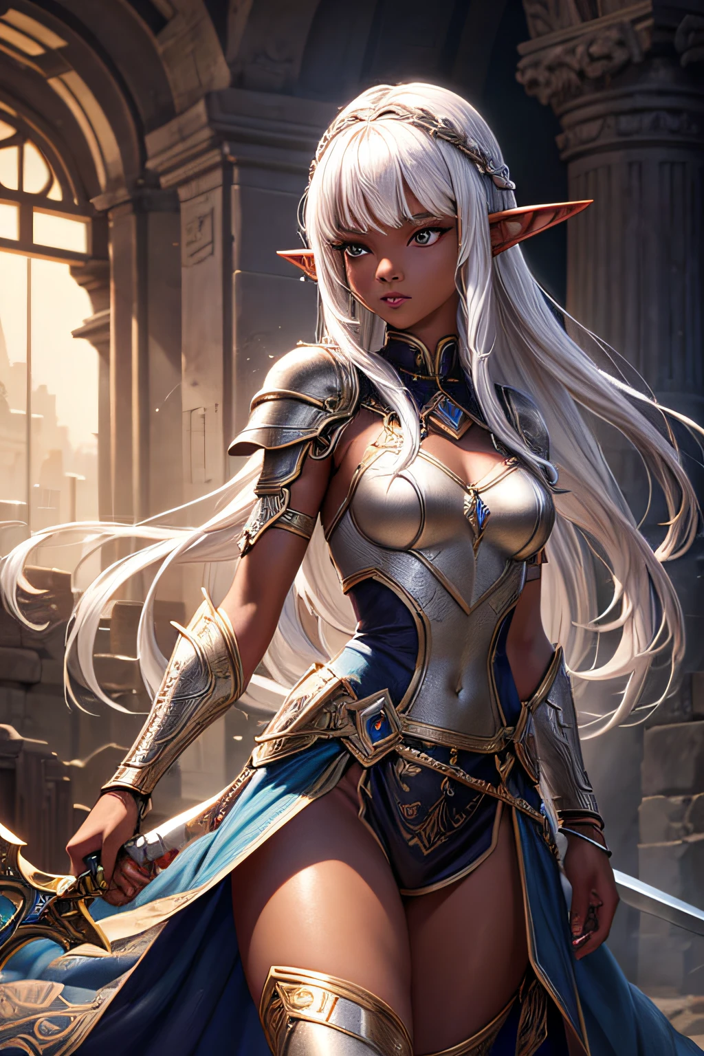 , ancient elf warrior, long pointy ears, dark skin, short white hair, sexi, small breasts, ancient elf armor and accesories, wielding a sword, highly detailed, vibrant appearance, creative behavior, extremly detailed, imaginative, sensual, spontaneous, highest quality, skin texture, intricate details, (cinematic lighting), RAW photo, 8k, masterpiece,best quality,ultra-detailed,very detailed illustrations,extremely detailed,intricate details,highres,super complex details,extremely detailed 8k cg wallpaper,