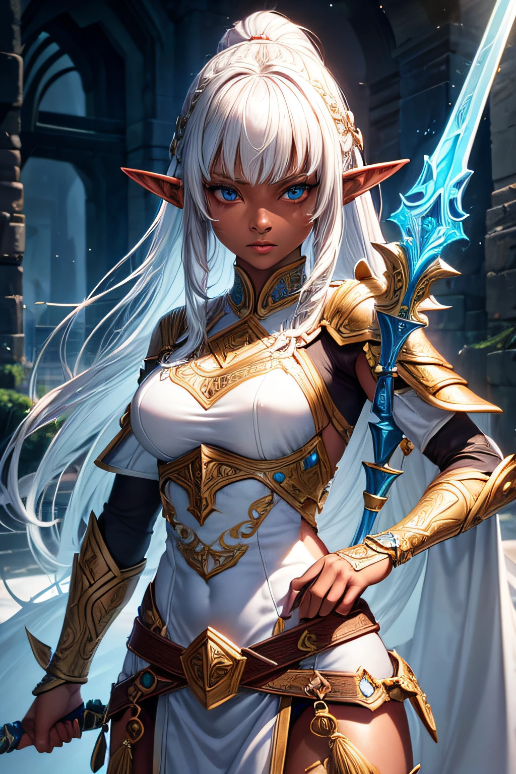 young teen girl, ancient elf warrior, long pointy ears, dark skin, white hair, short pointy haircut, ancient elf armor and accesories, wielding a sword, highly detailed, vibrant appearance, creative behavior, extremly detailed, imaginative, sensual, spontaneous, highest quality, skin texture, intricate details, (cinematic lighting), RAW photo, 8k, masterpiece,best quality,ultra-detailed,very detailed illustrations,extremely detailed,intricate details,highres,super complex details,extremely detailed 8k cg wallpaper,