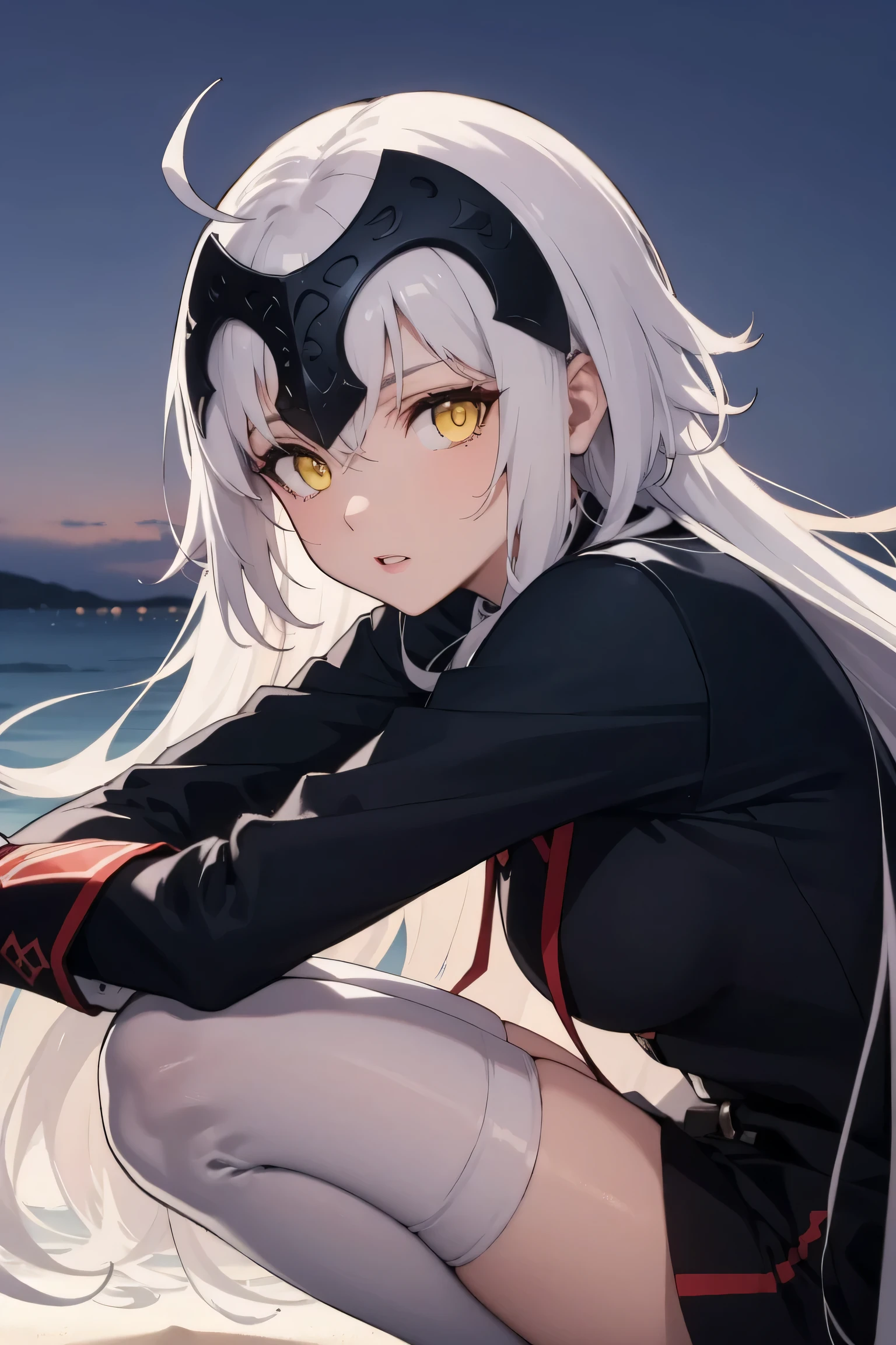 jalter, jalter, white hair, (yellow eyes:1.5), headpiece, ahoge, long hair, very long hair,
BREAK uniform, white shirt, white thighhighs,
BREAK outdoors, beach,
BREAK looking at viewer,squatting,from side,upper body,legsupsexms BREAK (masterpiece:1.2), best quality, high resolution, unity 8k wallpaper, (illustration:0.8), (beautiful detailed eyes:1.6), extremely detailed face, perfect lighting, extremely detailed CG, (perfect hands, perfect anatomy),