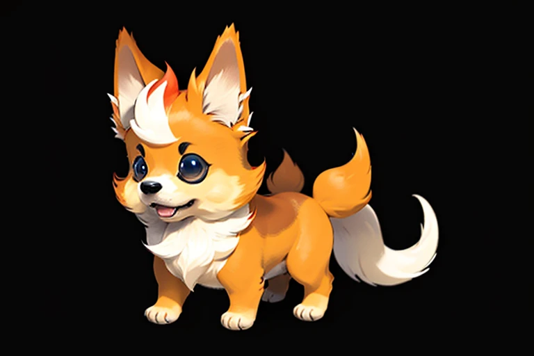 A tan and white welsh corgi in the style of a fire type Pokémon.