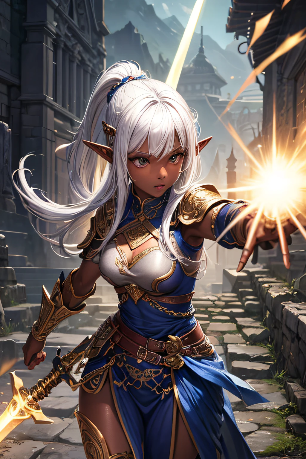 , ancient elf warrior, long pointy ears, dark skin, white hair, short pointy haircut, ancient elf armor and accesories, wielding a sword, highly detailed, vibrant appearance, creative behavior, extremly detailed, imaginative, sensual, spontaneous, highest quality, skin texture, intricate details, (cinematic lighting), RAW photo, 8k, masterpiece,best quality,ultra-detailed,very detailed illustrations,extremely detailed,intricate details,highres,super complex details,extremely detailed 8k cg wallpaper,