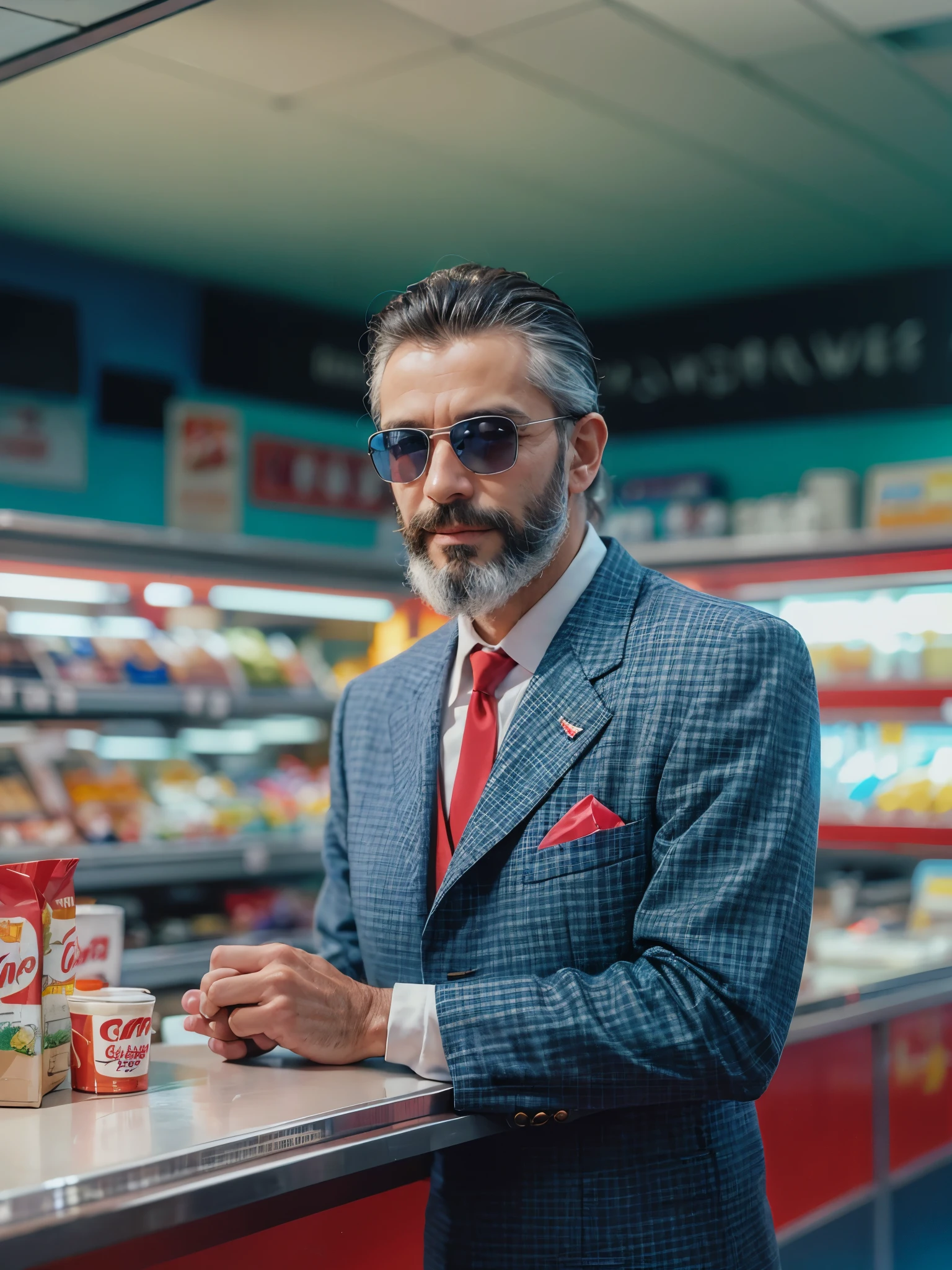 analogue fashion photo shot of mature handsome man with short hair, beard, in a 1950 cuban supermarket, ((neon lights red and blue lights)), ((high fashion suit)), sunglasses, model poses, (little smile:1.3), masterpiece, eye level, Kodak Funsaver, Porta 160, 20mm, bokeh, in the style of Nan Goldin, textured, distressed, ((vintage)), edgy, noisy, high contrast