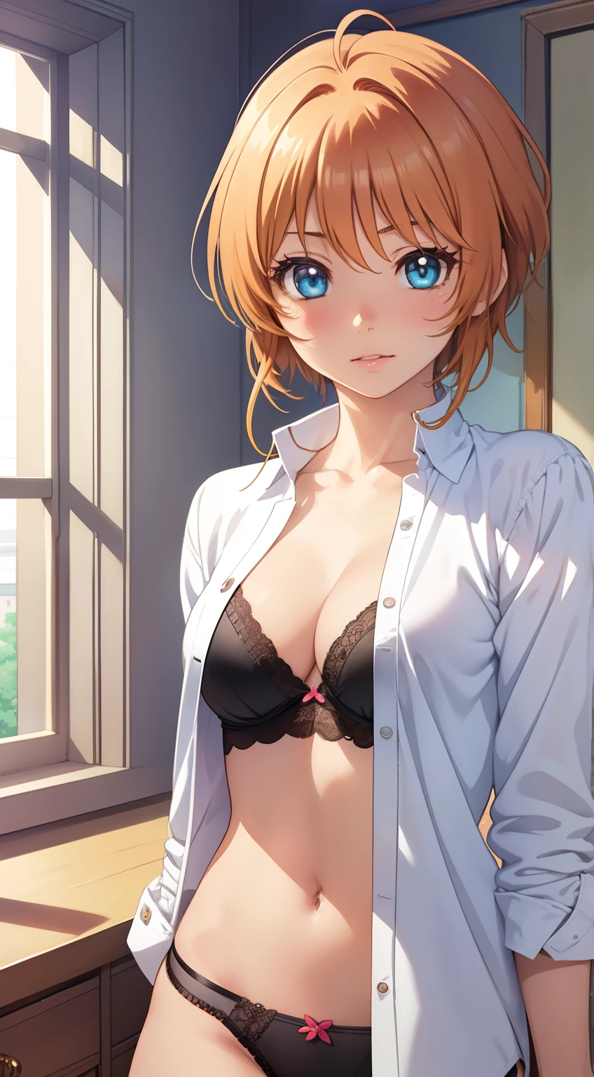 masterpiece, best quality, highres, perfect pixel, depth of field, 1girl, single, solo, beautiful anime girl, beautiful artstyle, anime character, (realistic eyes:1.2), (beautiful eyes:1.2), (detailed face), blush, (anime CG style), (medium ), good lighting, dynamic angle, perfect body, lips parted, (sakura kinomoto), glossy lips, bedroom, (open shirt), lace panties