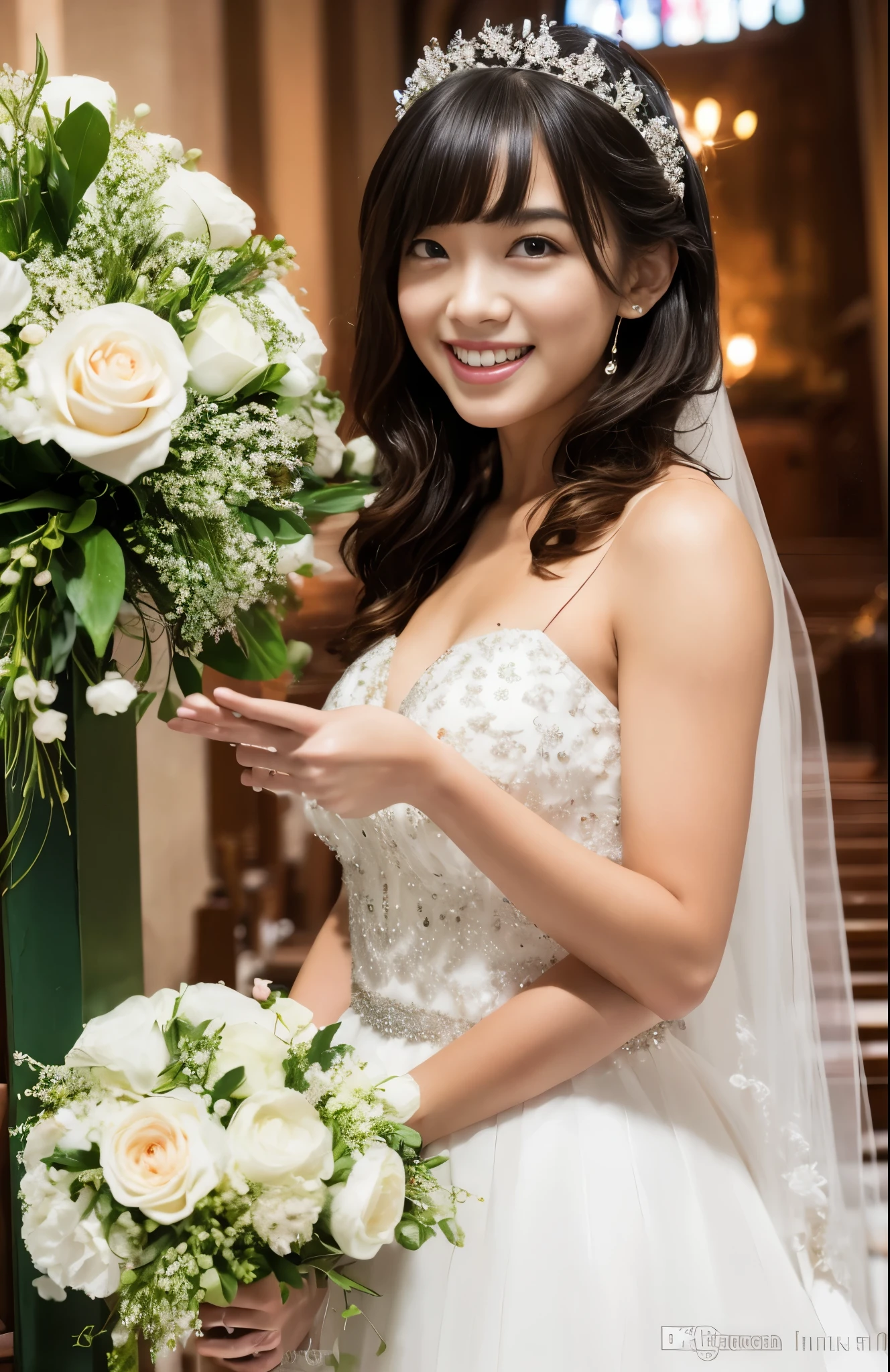 (Best Quality, masutepiece:1.2), (Realistic:1.3),, (ultra-Detailed background, Detailed background), Bokeh,, , gorgeous prom dresses, Luxury Prom Dresses, wedding dress, Bridal Veil, bridal gauntlets, Bridal Cascade Bouquet,, Upper body,, Wedding in the church,, , 1girl in, Cute, Teenage, Posing, Smiling,, Dynamic Angle, Dynamic Pose,, , Very long hair