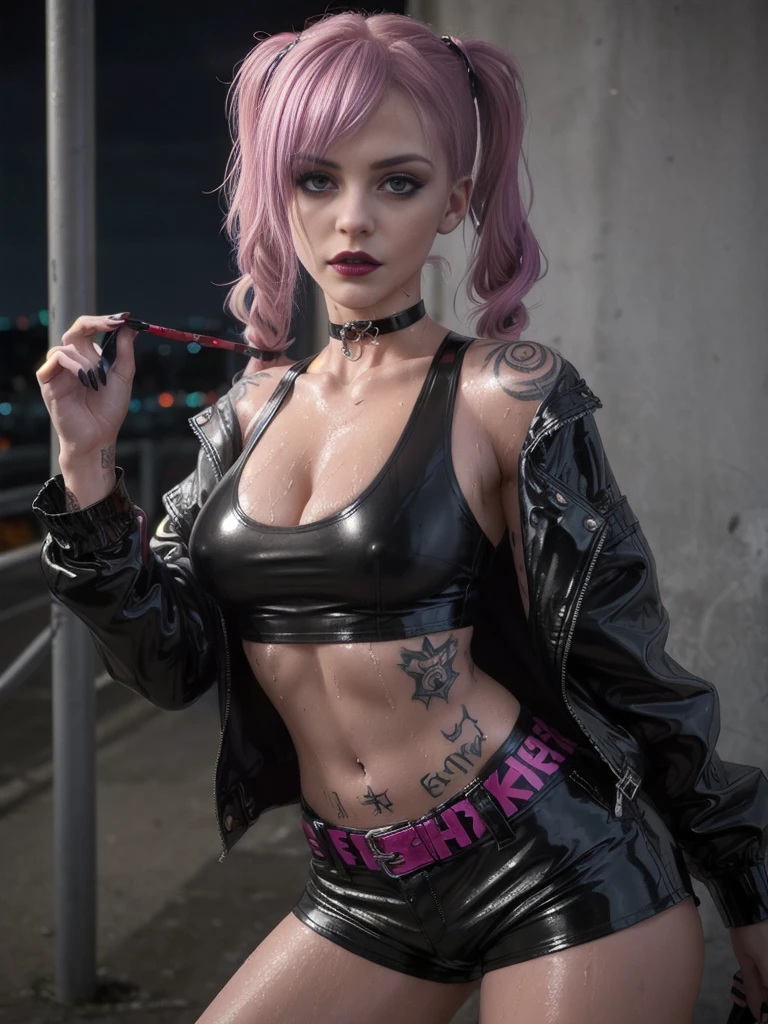 рыжая Girl from Europe (Evil and gloomy)), hairsh (tail, Длинная короткая блестящая latex jacket Bangtra, leather shorts, Latex jacket very short, Choker, black tank top, wet clothing, SFW, A lot of blood, a lot of tattoos on the body,There is one girl in the frame, Dark and gloomy atmosphere, Realistic light, sporty figure, Sweat runs down the body, Medium-sized breasts of a seductive punk-gothic girl, latex jacket, latex shorts, Choker, wet thin tank top, розовые и белые hairsh, Long bangs, pigtails, black lips, pouty lips, Medium GRD, Athletic body, athletic toned butt, Girl from Europe, lots of tattoos, Not a model, Street , Dark atmosphere, The skin is shiny with sweat, Gloomy room, twilight,  takes off his panties, hairsh на лобке, opens his chest, protruding 
