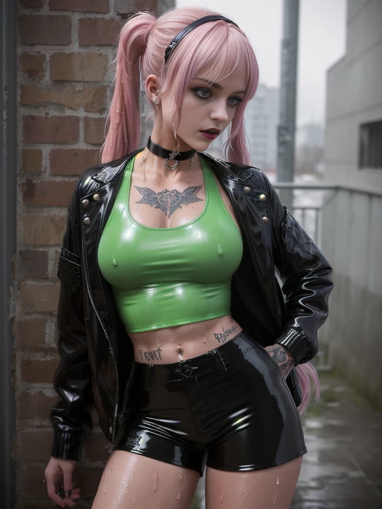 рыжая Girl from Europe (Evil and gloomy)), hairsh (tail, Длинная короткая блестящая latex jacket Bangtra, leather shorts, Latex jacket very short, Choker, black tank top, wet clothing, SFW, A lot of blood, a lot of tattoos on the body,There is one girl in the frame, Dark and gloomy atmosphere, Realistic light, sporty figure, Sweat runs down the body, Medium-sized breasts of a seductive punk-gothic girl, latex jacket, latex shorts, Choker, wet thin tank top, розовые и белые hairsh, Long bangs, pigtails, black lips, pouty lips, Medium GRD, Athletic body, athletic toned butt, Girl from Europe, lots of tattoos, Not a model, Street , Dark atmosphere, The skin is shiny with sweat, Gloomy room, twilight,  takes off his panties, hairsh на лобке, opens his chest, protruding 