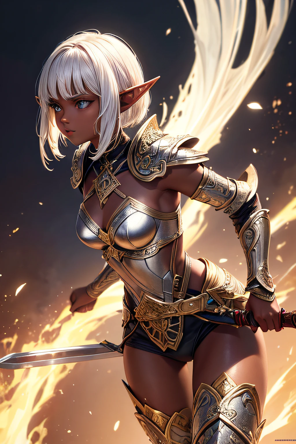 ***************, ancient elf warrior, long pointy ears, dark skin, white hair, short pointy haircut, ancient elf armor and accesories, wielding a sword, highly detailed, vibrant appearance, creative behavior, extremly detailed, imaginative, sensual, spontaneous, highest quality, skin texture, intricate details, (cinematic lighting), RAW photo, 8k, masterpiece,best quality,ultra-detailed,very detailed illustrations,extremely detailed,intricate details,highres,super complex details,extremely detailed 8k cg wallpaper,