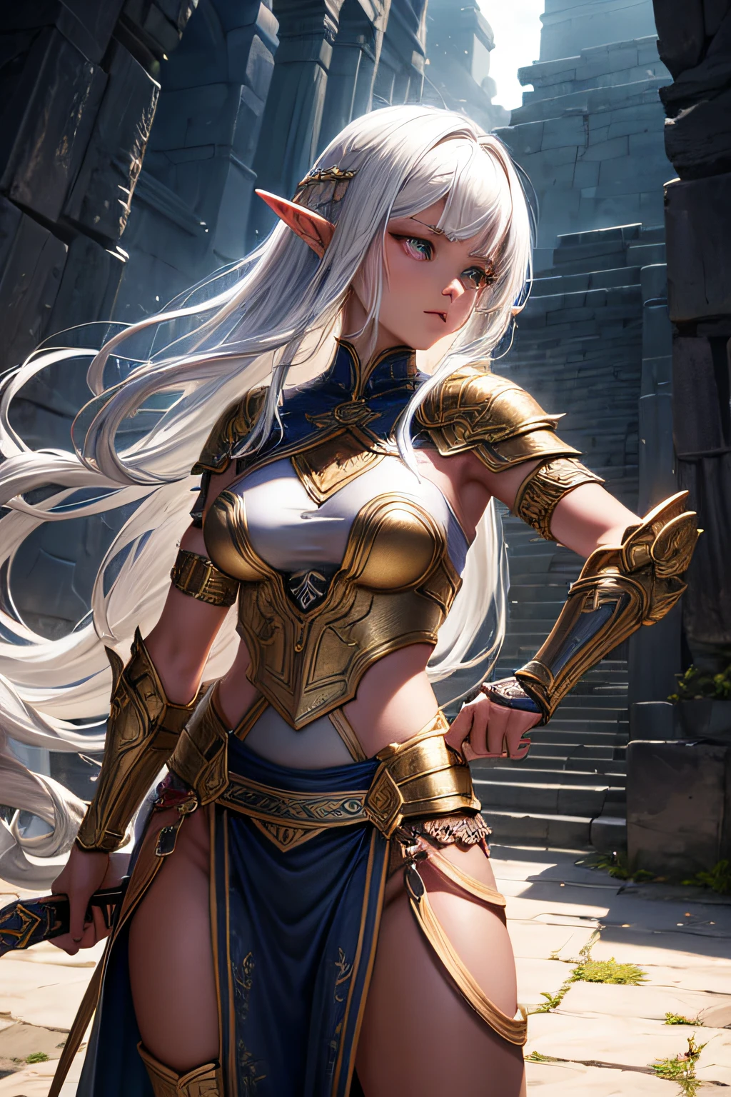 young girl, ancient elf warrior, long pointy ears, dark skin, white hair, short pointy haircut, ancient elf armor and accesories, wielding a sword, highly detailed, vibrant appearance, creative behavior, extremly detailed, imaginative, sensual, spontaneous, highest quality, skin texture, intricate details, (cinematic lighting), RAW photo, 8k, masterpiece,best quality,ultra-detailed,very detailed illustrations,extremely detailed,intricate details,highres,super complex details,extremely detailed 8k cg wallpaper,