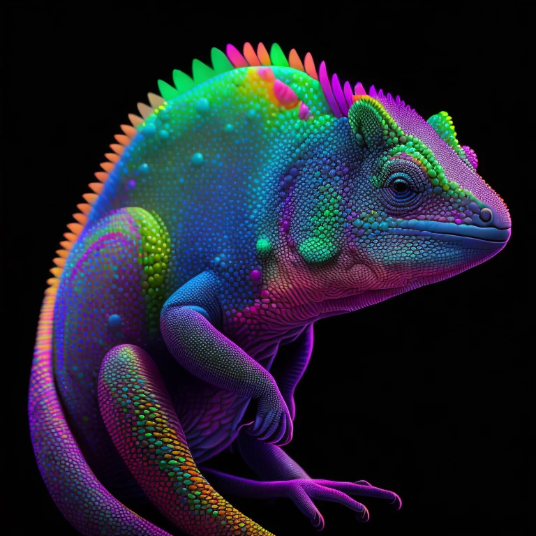 intricate and colorful, (digital painting:1.2) neon chameleon, bright neon skin, wet, portrait, concept art, octane render, trending on artstation, neon-noir background, iolibt, vfx, Blender and Photoshop, octane render, excellent composition, cinematic atmosphere, dynamic dramatic cinematic lighting, aesthetic, very inspirational, arthouse,(dark plain black background:1.4))