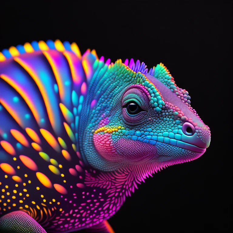 intricate and colorful, (digital painting:1.2) neon chameleon, bright neon skin, wet, portrait, concept art, octane render, trending on artstation, neon-noir background, iolibt, vfx, Blender and Photoshop, octane render, excellent composition, cinematic atmosphere, dynamic dramatic cinematic lighting, aesthetic, very inspirational, arthouse,(dark plain black background:1.4))