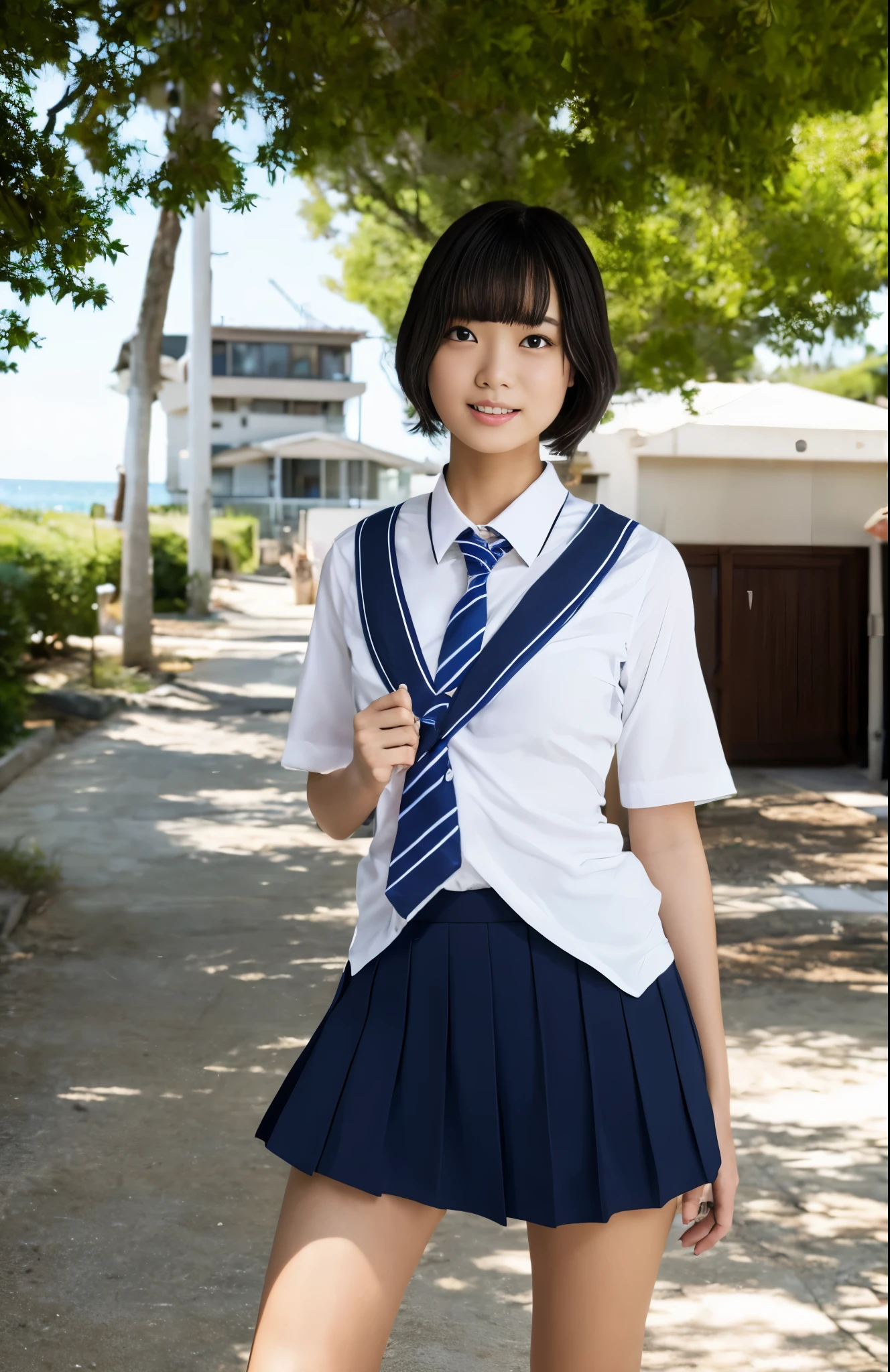 girls in old-Japanese town on school trips,white sailor shirt,navy blue pleated skirt,18-year-old,bangs,a little smile,thighs,knees,short hair with low pigtails bunches,from below,front light