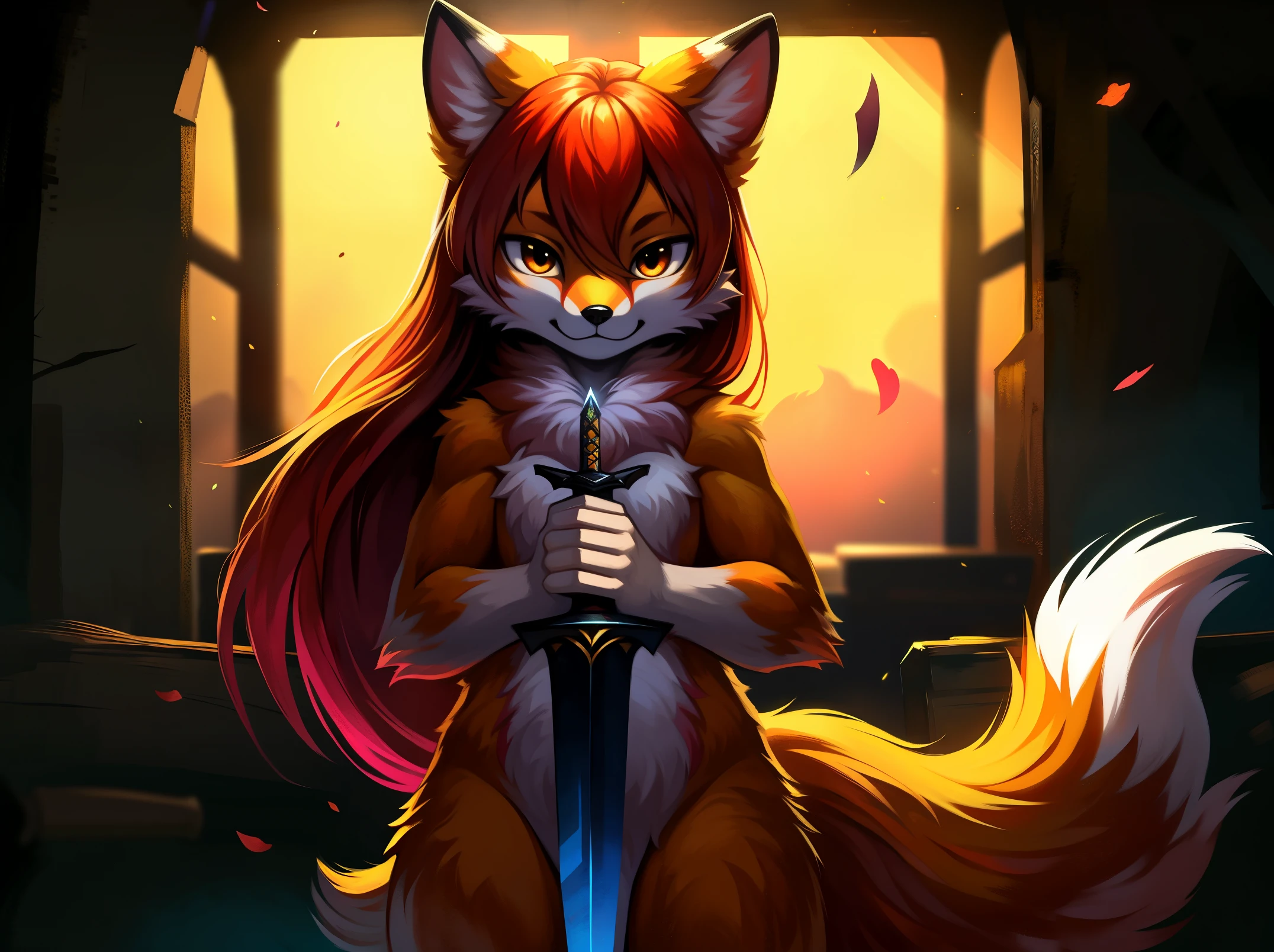 fox, orange fur, long long red hair, stripped fur, spotted fur, sword in hand, Very good figure, bright tone, warm color, colorful, masterpiece, super detail, high quality, best quality, highres