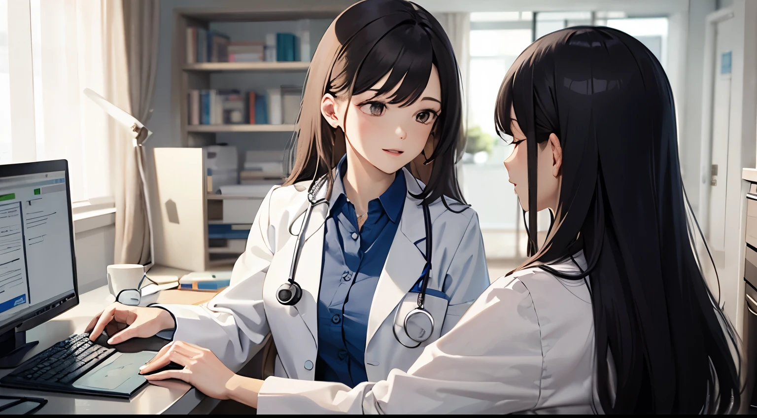 Two women in white coats are looking at a laptop computer - SeaArt AI