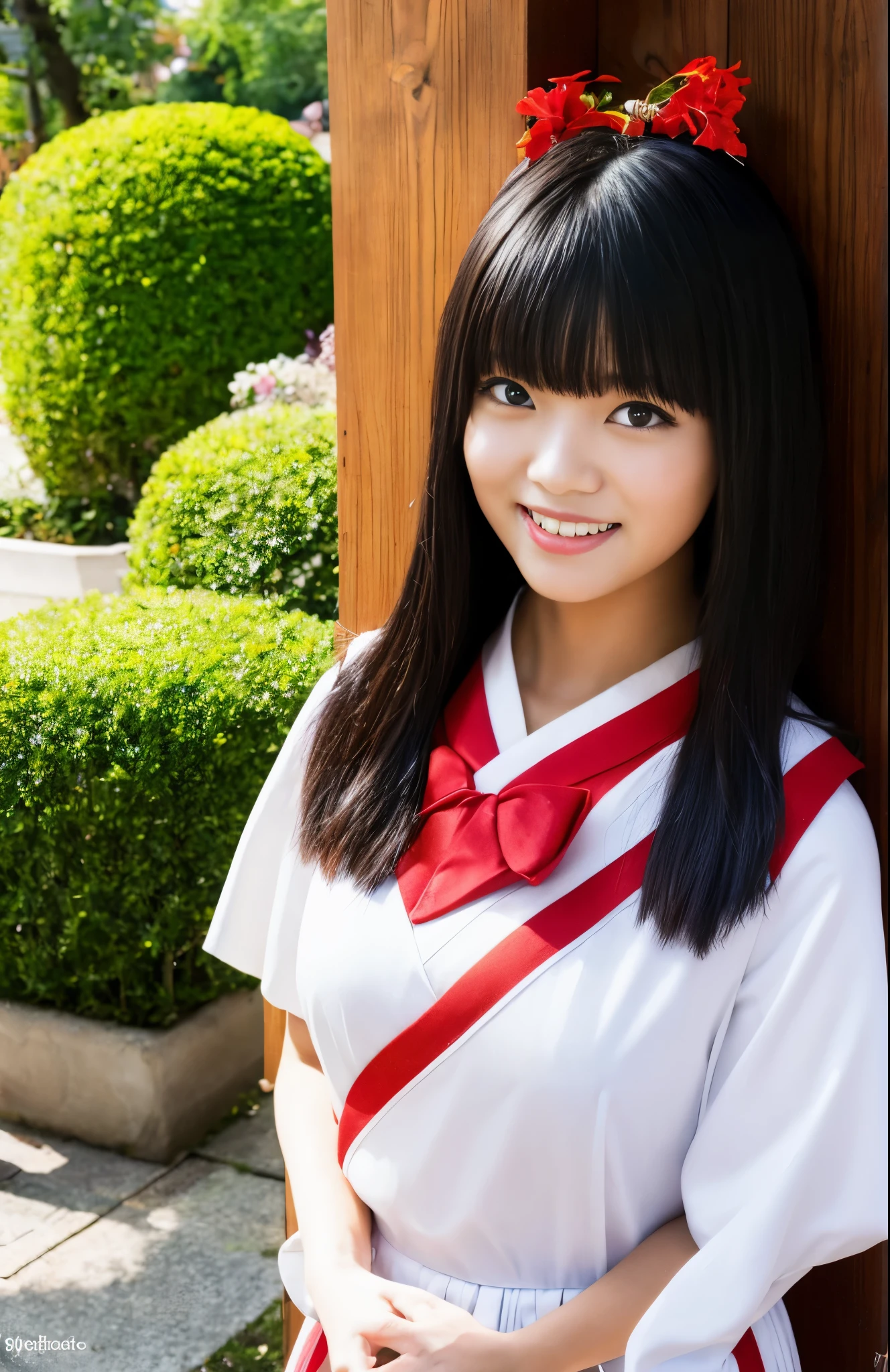 Best Quality, (masutepiece:1.35), Wallpaper, (Illustration), Original, (depth of fields), (1girl in:1.35), (Solo), Full body, Dynamic, Detailed face,maturefemale, Adult, (old:1.3), medium breasts, Amused, Happy,shrine maiden clothe, flower trim,absurdly long hair, Black hair,Stereoscopic lighting of dog ears, Colored leaves, Tindall Effect,