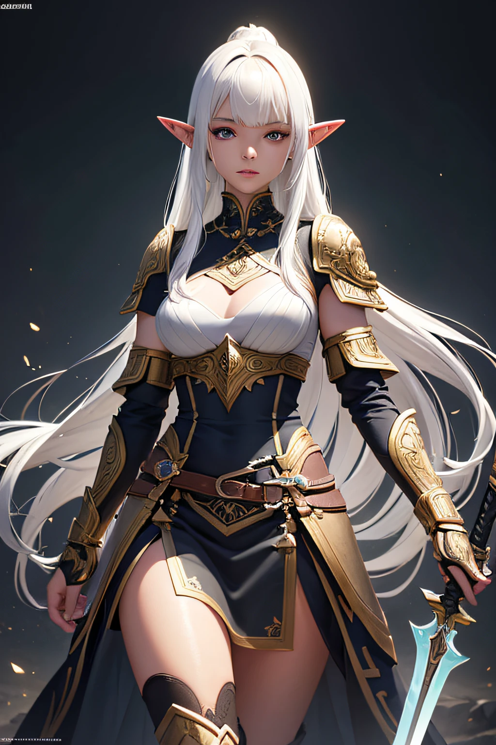 young teen girl, ancient elf warrior, long pointy ears, dark skin, white hair, short pointy haircut, ancient elf armor and accesories, wielding a sword, highly detailed, vibrant appearance, creative behavior, extremly detailed, imaginative, sensual, spontaneous, highest quality, skin texture, intricate details, (cinematic lighting), RAW photo, 8k, masterpiece,best quality,ultra-detailed,very detailed illustrations,extremely detailed,intricate details,highres,super complex details,extremely detailed 8k cg wallpaper,