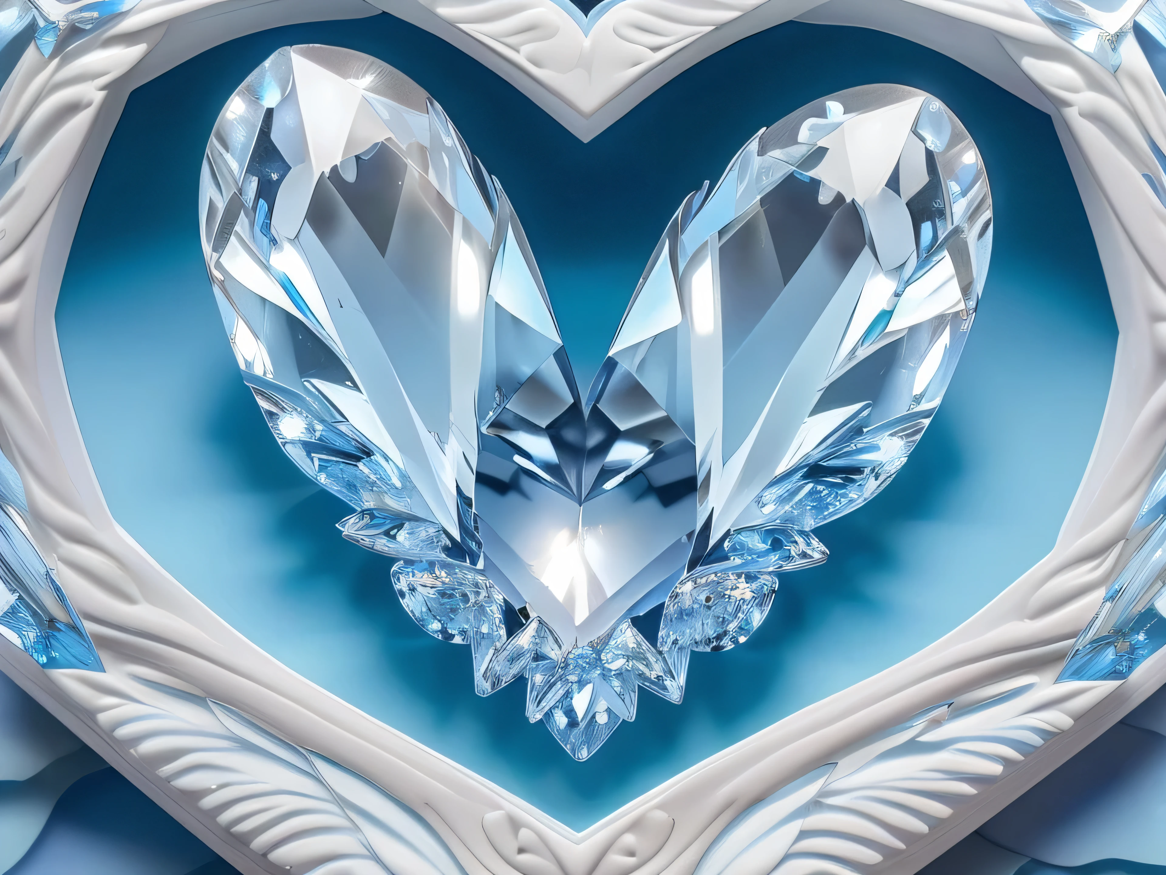 ((Winged light blue and white heart shaped crystal)),(Best quality at best, A high resolution, tmasterpiece:1.2),((An extremely exquisite one, Gorgeous and complex,Frame decorative edge))