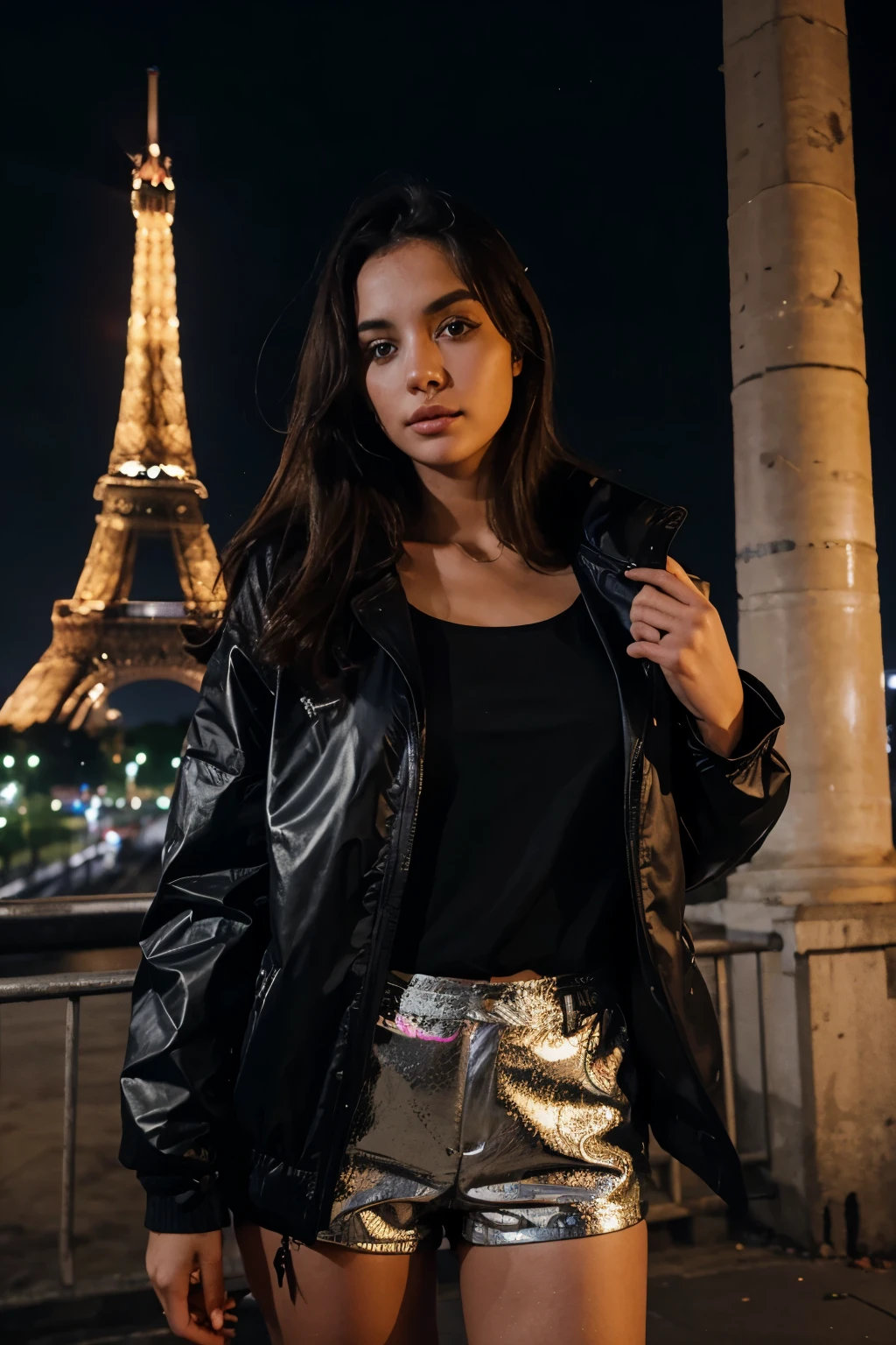 A girl standing in front of Eifel tower in party jacket and shorts in style of someone capturing from fornt Night view