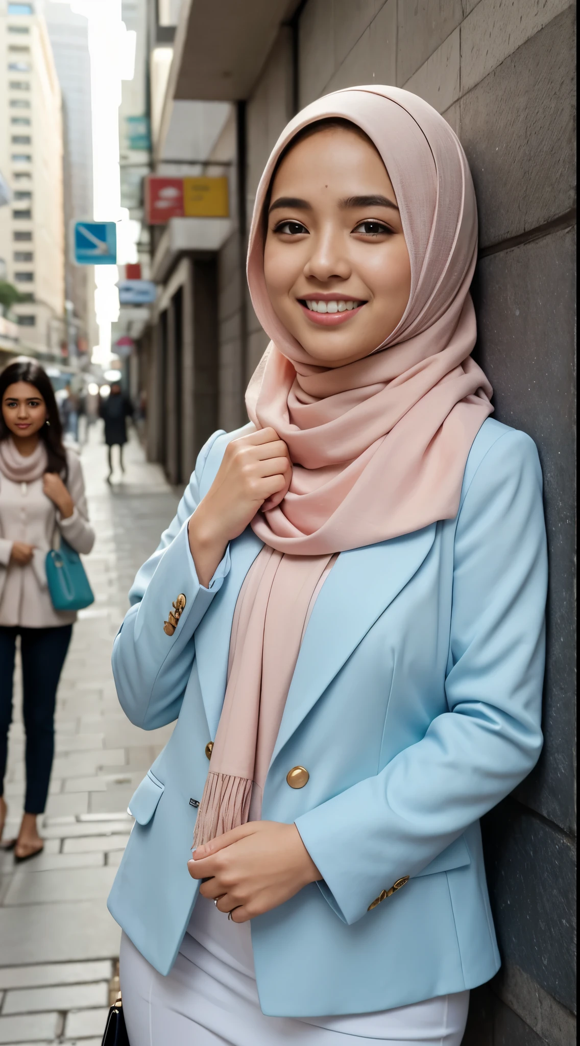 Malay girl long white hijab , wear sexy pastel blue office outfit, suits, smiling, wear gold necklace, front view, windy, detail skin, age spot, detail skin texture, mole below eyes, wide hips, thick thighs, beautiful body, morning, laughing, happy, bright lighting, people in background, city background, blur background, bokeh, location: india city street