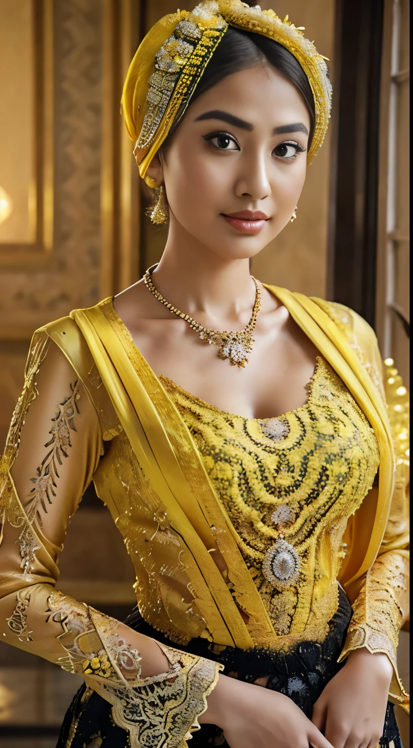 RAW, Best quality, high resolution, masterpiece: 1.3), beautiful Malay woman in hijab,Masterpiece, perfect fit body, thick thighs, (Huge breastig gorgeous eyes, Soft smile,((Close Up)),woman in a yellow top kebaya and black skirt standing on a sidewalk, yellow translucent lace, intricate clothing, intricate outfit, yellow ornate dress, with yellow cloths, elegant yellow skin, very beautiful enga style, traditional beauty, intricate clothes, yellow and black, yellow clothes, (((yellow))), wearing an ornate outfit, lace, traditional clothes, yellow, black and yellow, Delicate turtleneck, necklace, shairband, afternoon walk, City garden, Excellent lighting, Bright colors, Clean lines