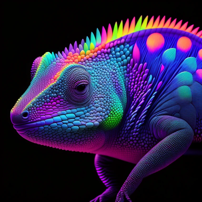 intricate and colorful, (digital painting:1.2) neon chameleon, bright neon skin, wet, portrait, concept art, octane render, trending on artstation, neon-noir background, iolibt, vfx, Blender and Photoshop, octane render, excellent composition, cinematic atmosphere, dynamic dramatic cinematic lighting, aesthetic, very inspirational, arthouse,(dark plain black background:1.4))