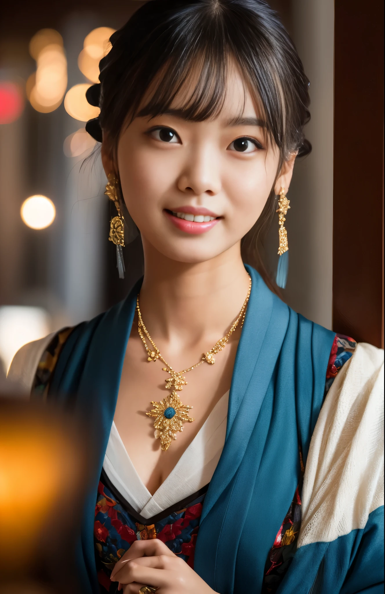 Best Quality, masutepiece, hight resolution, 1girl in,blush,(Seductive smile:0.8),star-shaped pupils,china hanfu,Hair Ornament,Necklace, Jewelry,Beautiful face,Inserting a into the_Body, Tindall Effect,Photorealistic, Dark Studio, Rim lighting, two tone lighting,(High detailed skin:1.2), 8K uhd, Digital SLR, Soft lighting, High quality, Volumetric lighting, Candid, photograph, hight resolutionであり, 4K, 8K, Bokeh