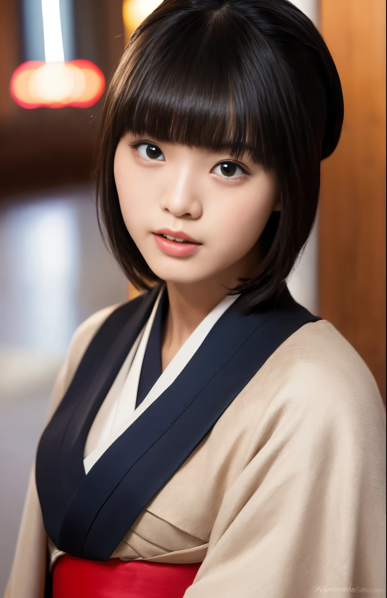 ((of the highest quality, 8K, masutepiece: 1.3)), Sharp Focus: 1.2, (Super beautiful face: 1.0), (Glossy skin: 1.0), Realistic Photos, Black hair, Realistic pupils, Movie Lighting, Highly detailed eyes and face, Movie Lighting, (Cowboy Shot: 1.0), (Kimono, Hakama, Obi: 1.15), (Korean Cute Actress), In nature, classic Kimono,