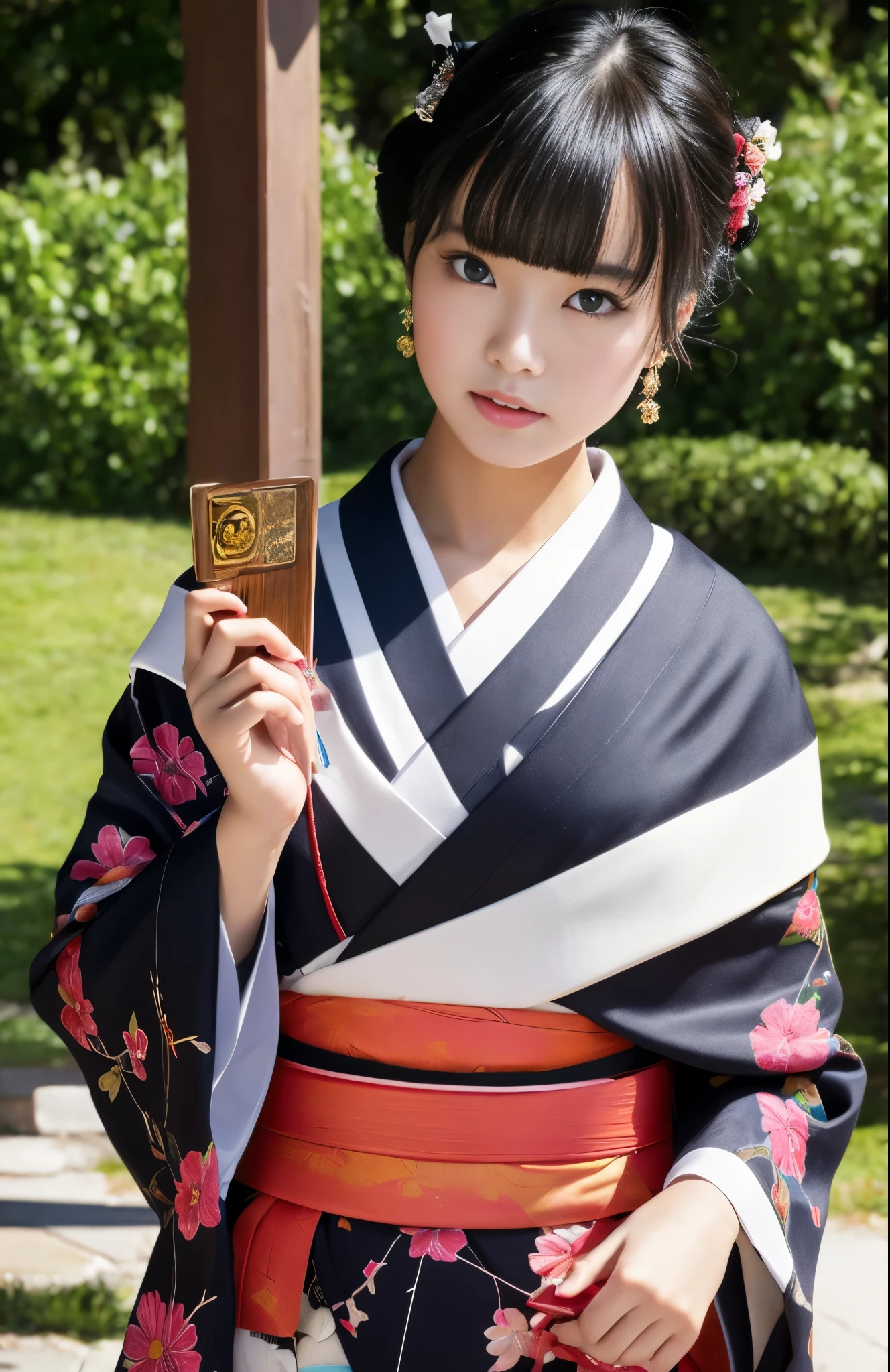 ((of the highest quality, 8K, masutepiece: 1.3)), Sharp Focus: 1.2, (Super beautiful face: 1.0), (Glossy skin: 1.0), Realistic Photos, Black hair, Realistic pupils, Movie Lighting, Highly detailed eyes and face, Movie Lighting,  (Cowboy Shot: 1.0),  (Kimono, Hakama, Obi: 1.15),　(Korean Cute Actress), In nature, classic Kimono,