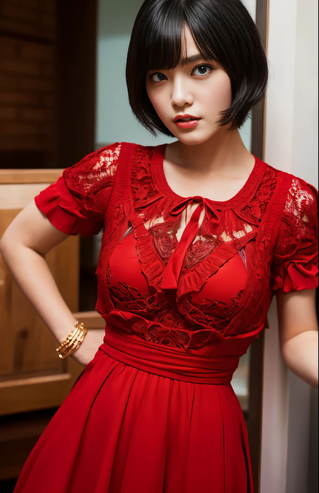 1girl in, cowboy shot of beautiful ada, Looking at Viewer, Red dress, Black hair, blush, Short hair, athletic night, Volumetric lighting, Best Quality, masutepiece, Intricate details, tonemapping, Sharp Focus, Hyper Detailed, Trending on ArtStation, ada, Realistic