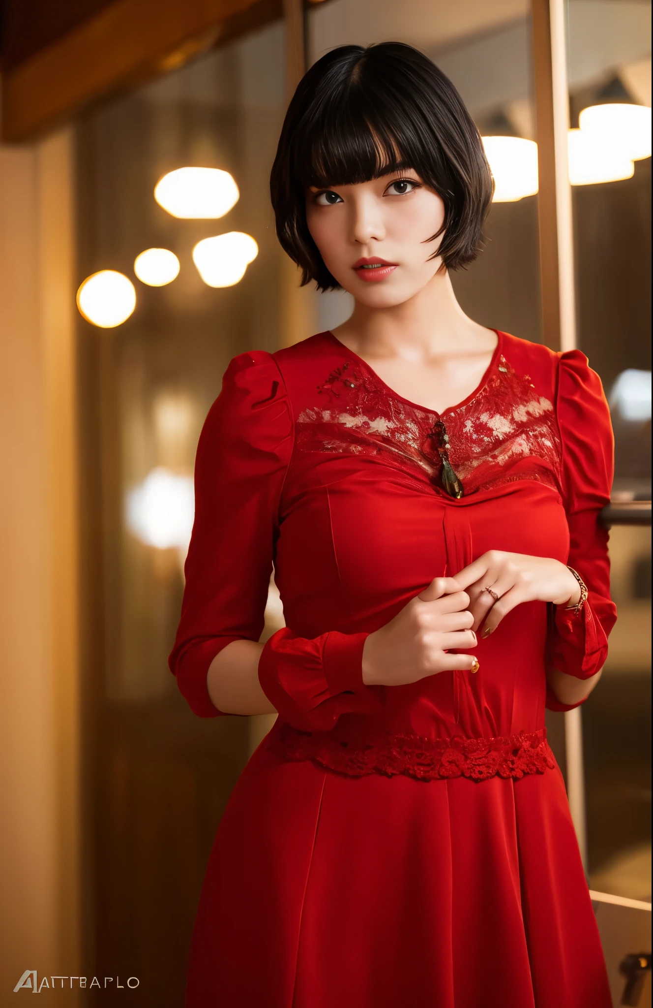 1girl in, cowboy shot of beautiful ada, Looking at Viewer, Red dress, Black hair, blush, Short hair, athletic night, Volumetric lighting, Best Quality, masutepiece, Intricate details, tonemapping, Sharp Focus, Hyper Detailed, Trending on ArtStation, ada, Realistic