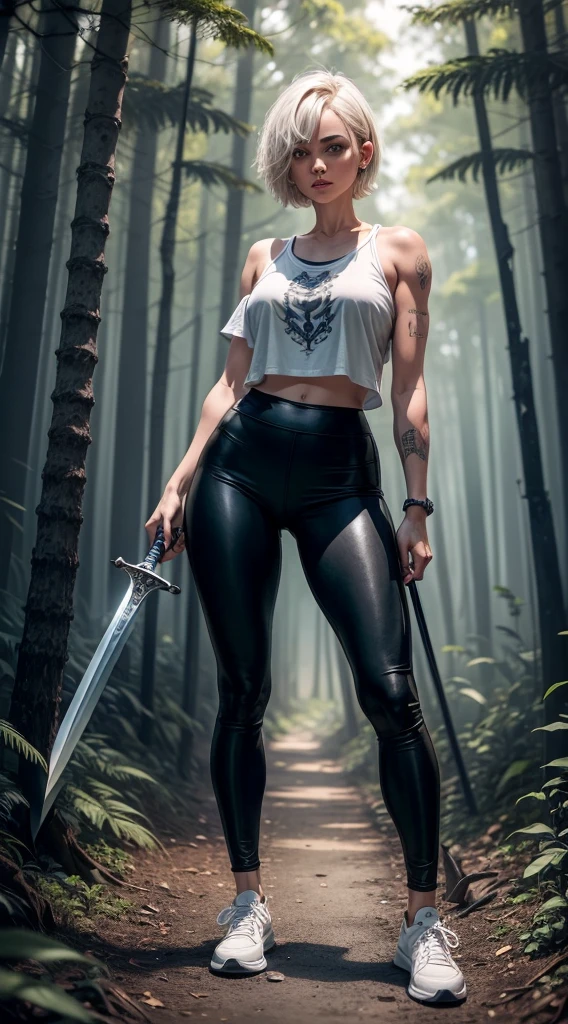 Caucasian woman with short hair down to her shoulders, usando blusa branca, black leggings and white shoes with a sword in his hand, with tattoo on arm in a forest at night full of wild animals