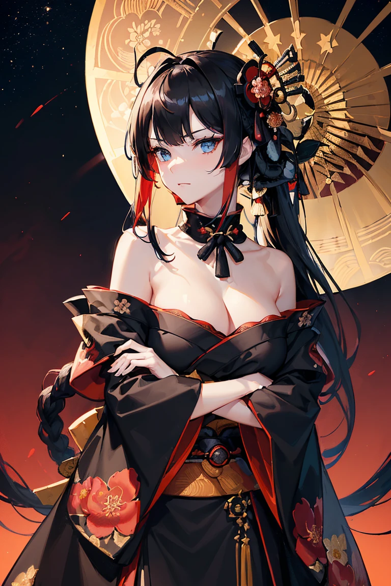 high resolution, (masterpiece), 4k, portrait, ((from front)), (upper body), ((1woman)), (((detailed long black hair with red strands))), spiky hair, (floral_hair_ornament), ahoge, (((((crossed bangs))))), ((bright cyan blue eyes)), athletic build, (large breasts), wide hips, long legs, mature, sexy, (((black battle kimono with floral designs and rolled up sleeves))), ((red obi)), (((samurai shoulder plate))), (side boob), coy smirk, (arms crossed), confident pose, night time, stars, full moon, japanese modern city, rooftops, skycraper in the distance, wind