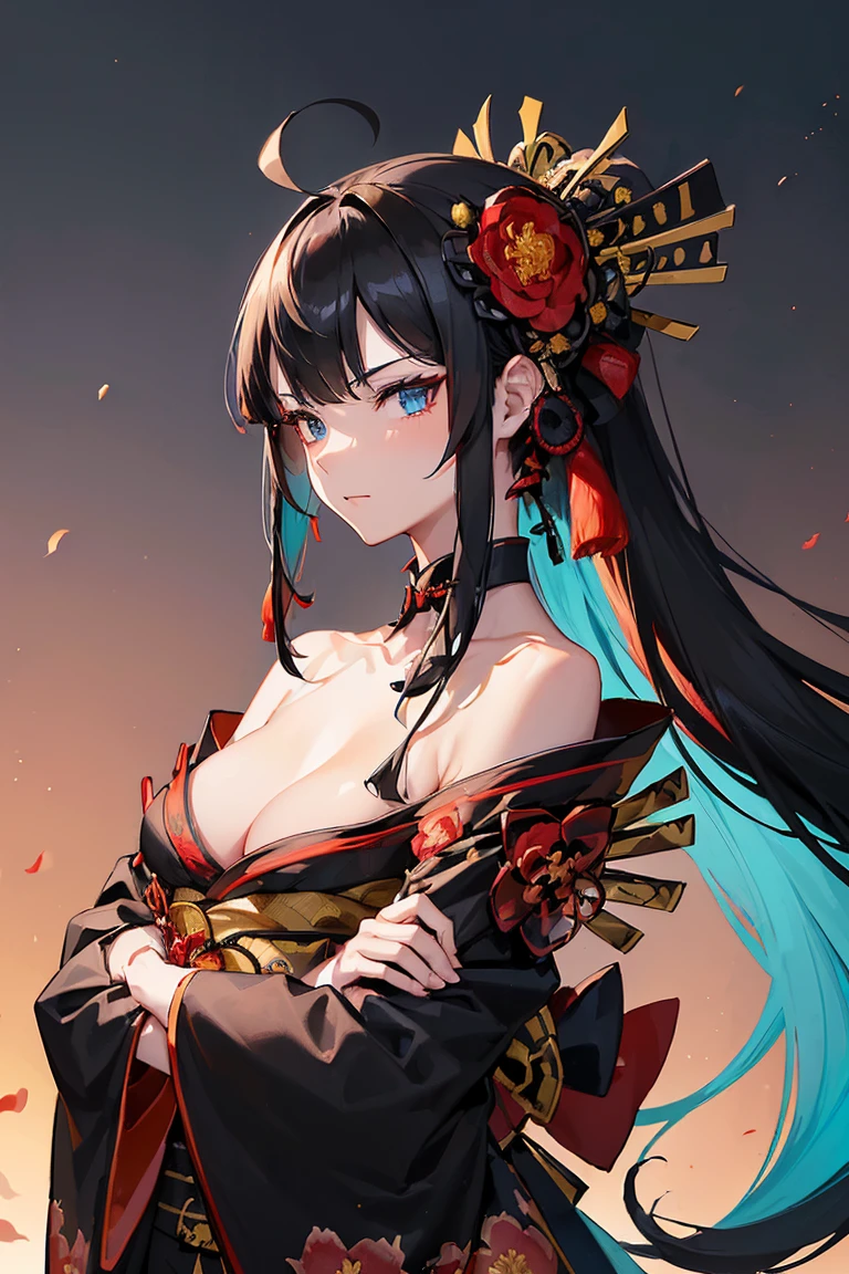 high resolution, (masterpiece), 4k, portrait, ((from front)), (upper body), ((1woman)), (((detailed long black hair with red strands))), spiky hair, (floral_hair_ornament), ahoge, (((((crossed bangs))))), ((bright cyan blue eyes)), athletic build, (large breasts), wide hips, long legs, mature, sexy, (((black battle kimono with floral designs and rolled up sleeves))), ((red obi)), (((samurai shoulder plate))), (side boob), coy smirk, (arms crossed), confident pose, night time, stars, full moon, japanese modern city, rooftops, skycraper in the distance, wind